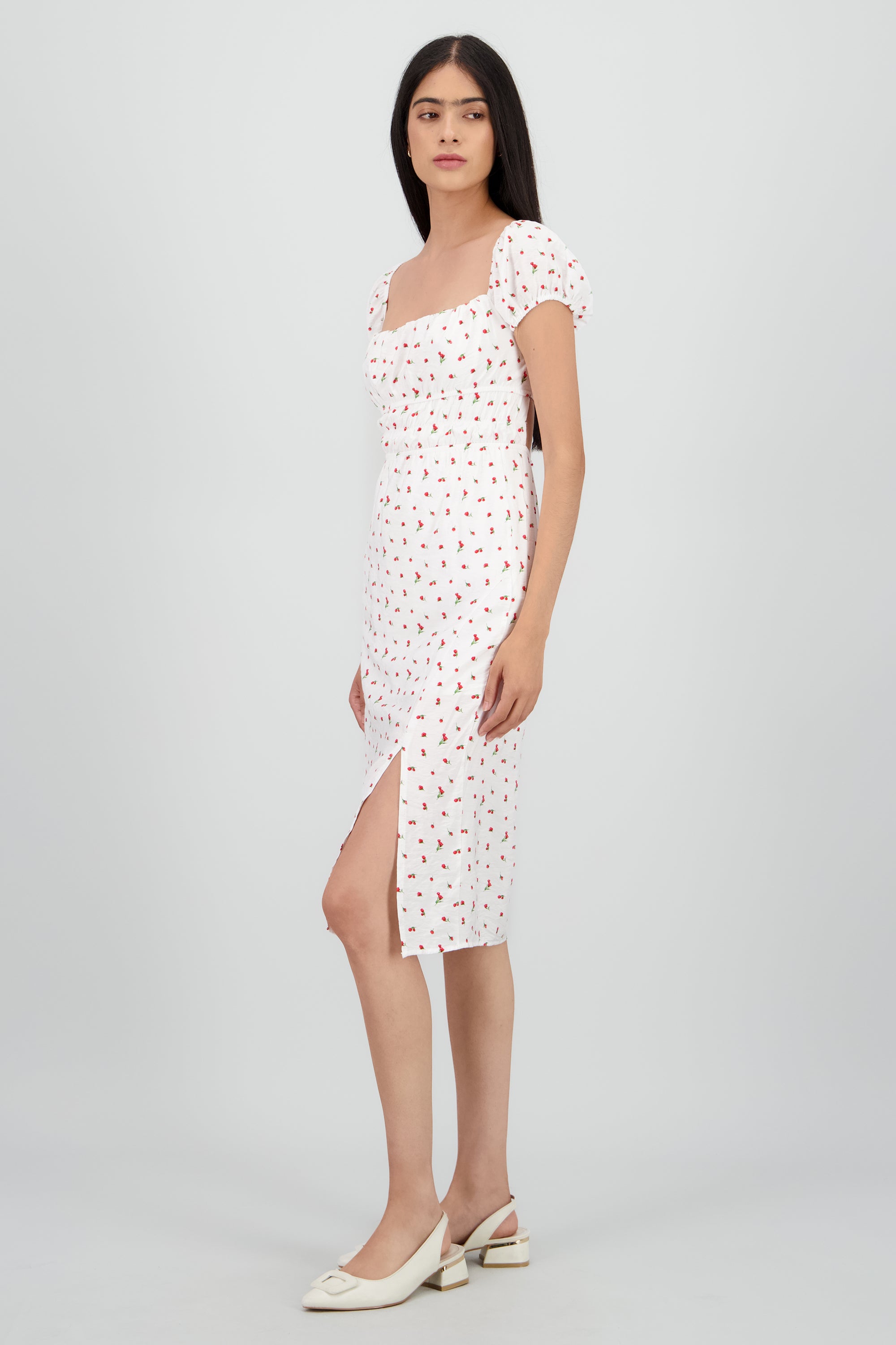 Vestido midi textura flores ROJO COMBO