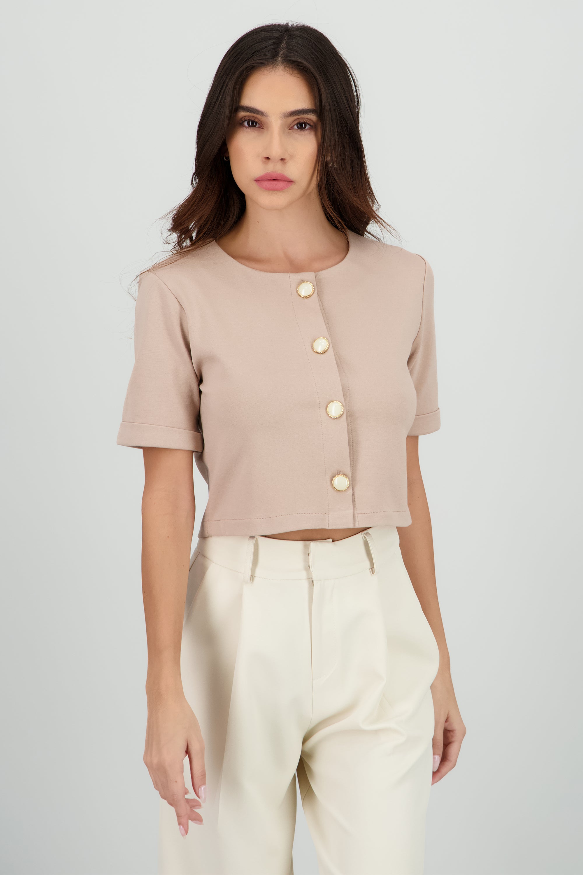 Top botones manga corta TAUPE