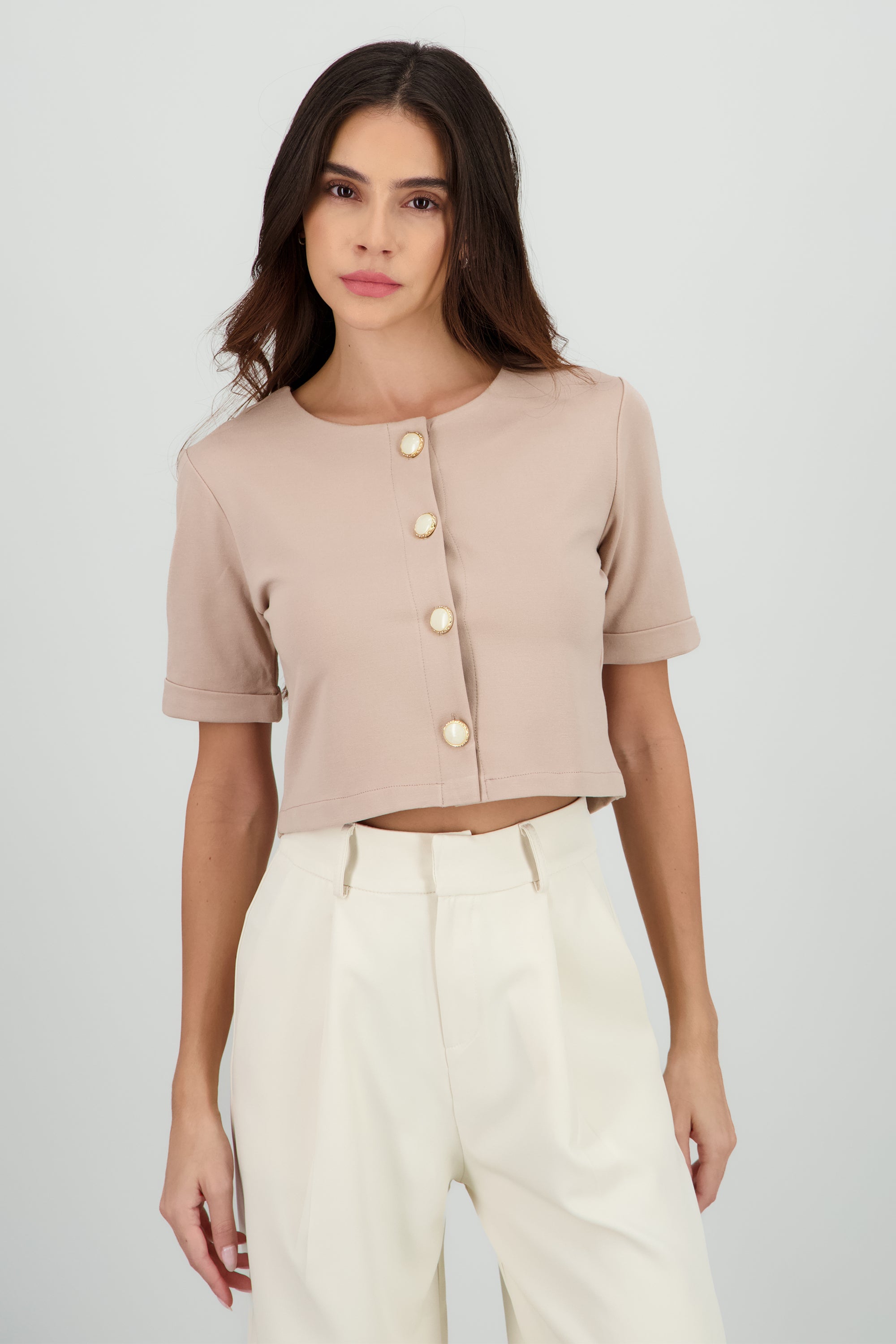 Top botones manga corta TAUPE