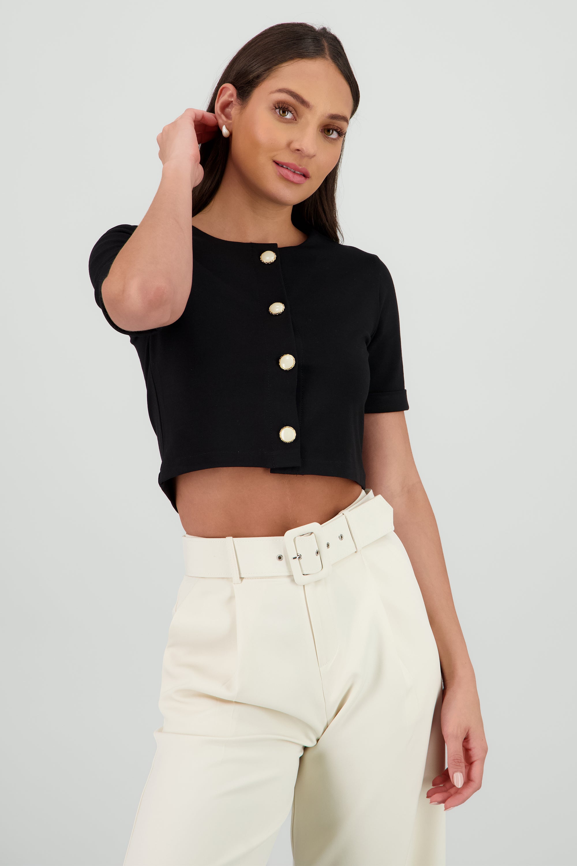 Top botones manga corta NEGRO
