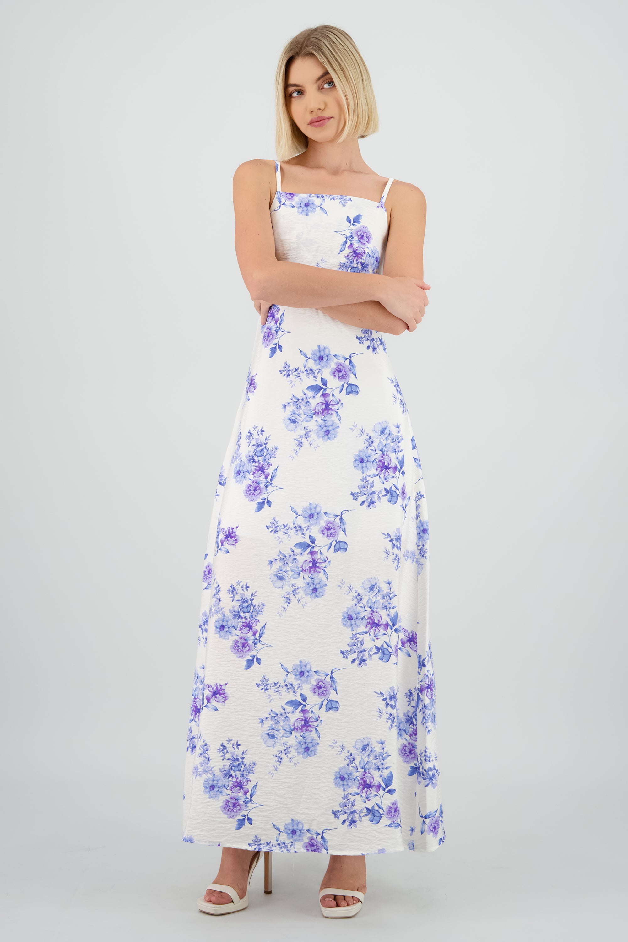 Vestido midi escote cuadrado tirantes BLANCO COMBO