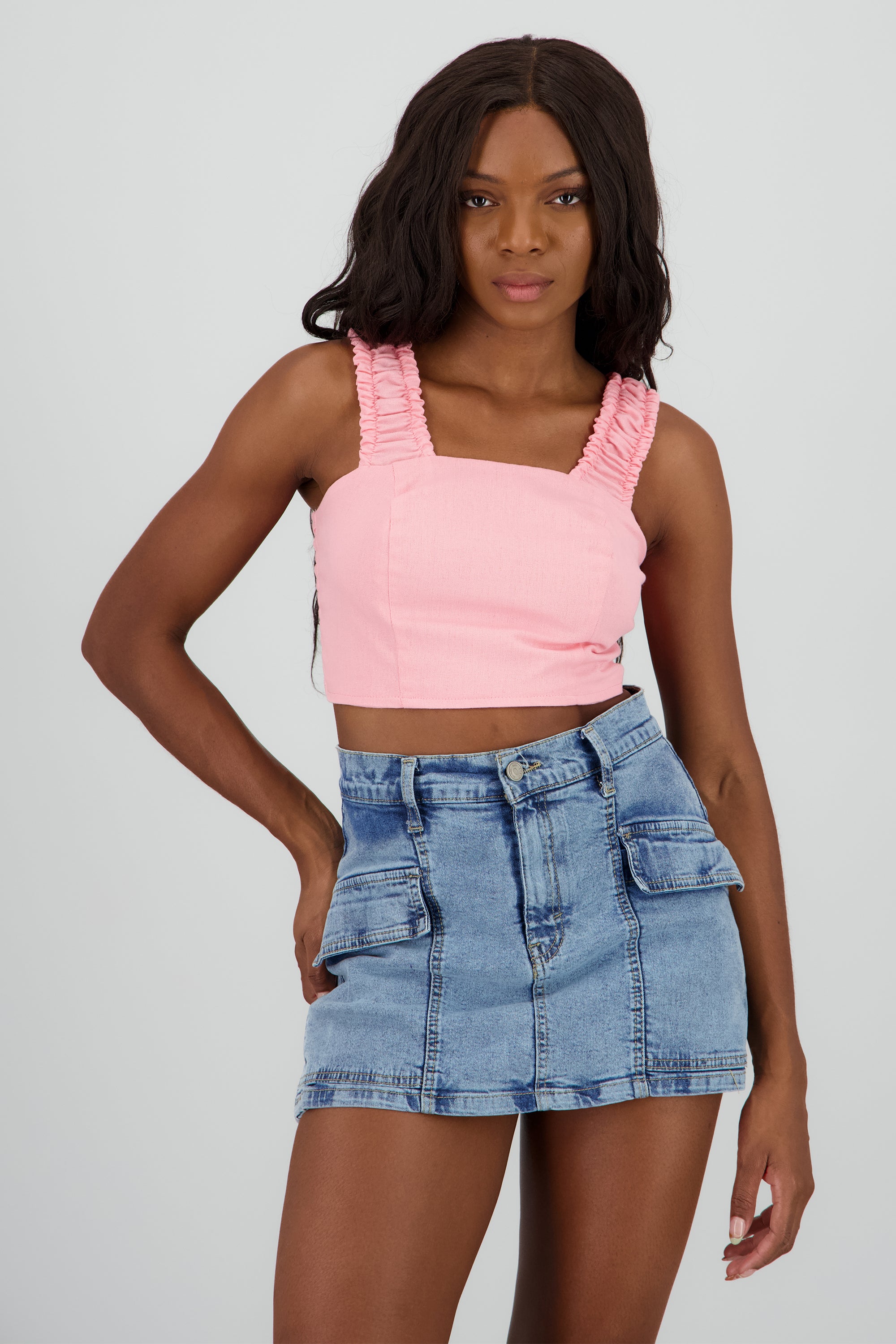Top crop tirantes resorte lino ROSA PASTEL