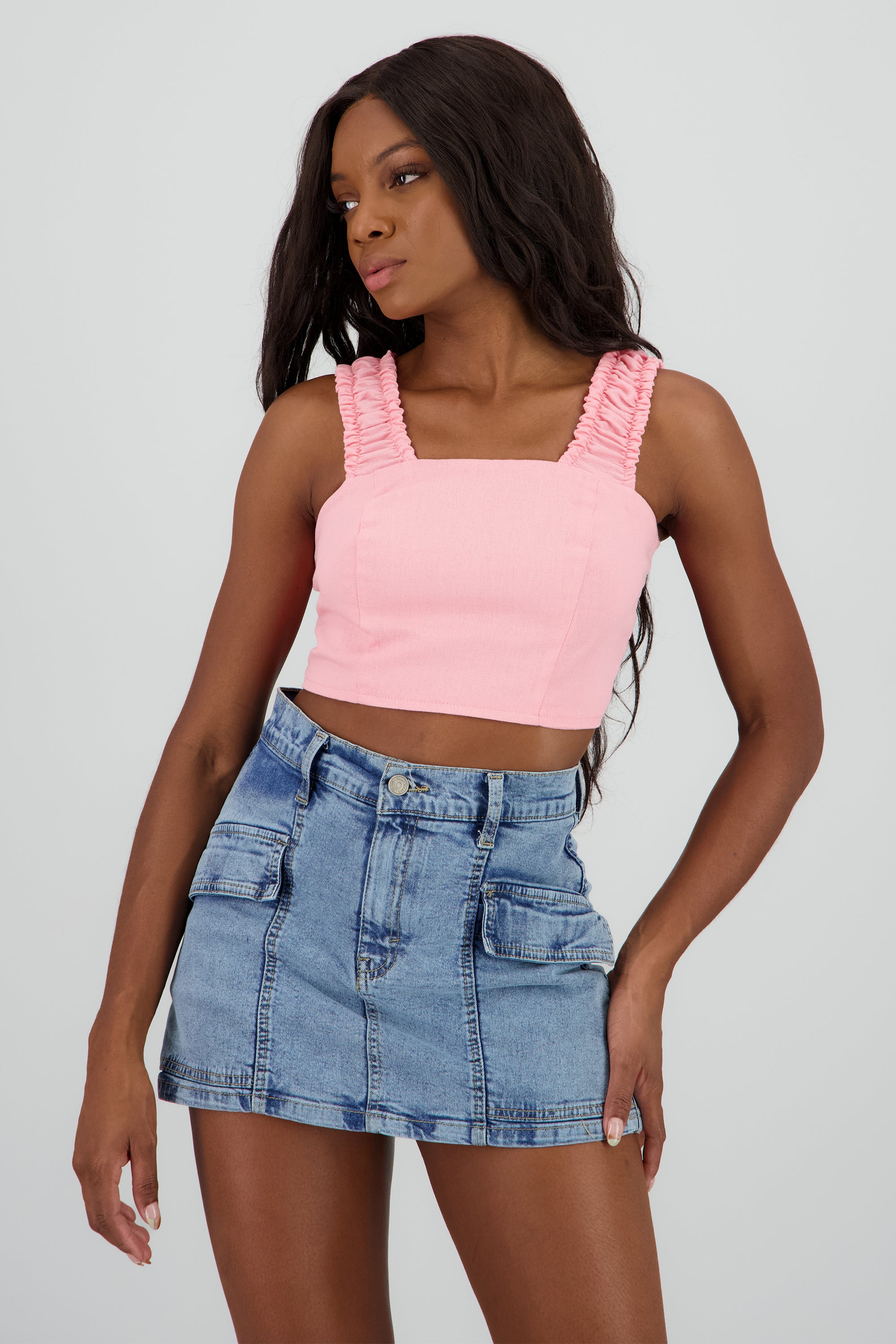 Top crop tirantes resorte lino ROSA PASTEL
