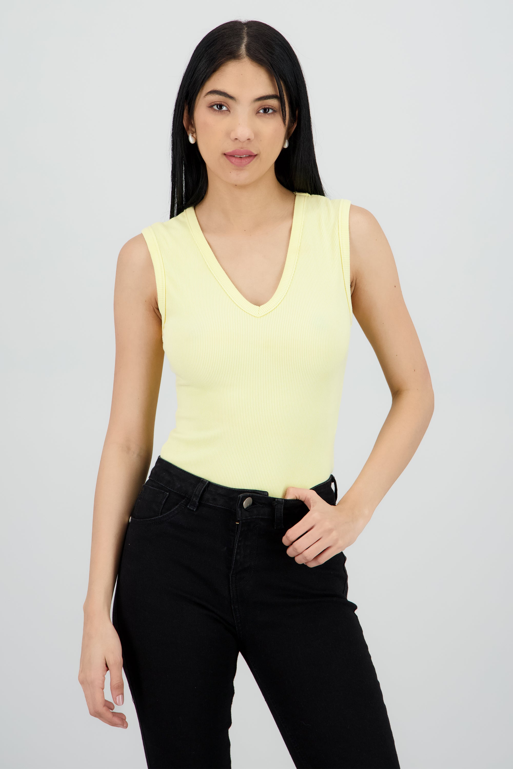 Bodysuit sin manga cuello v rib AMARILLO PASTEL