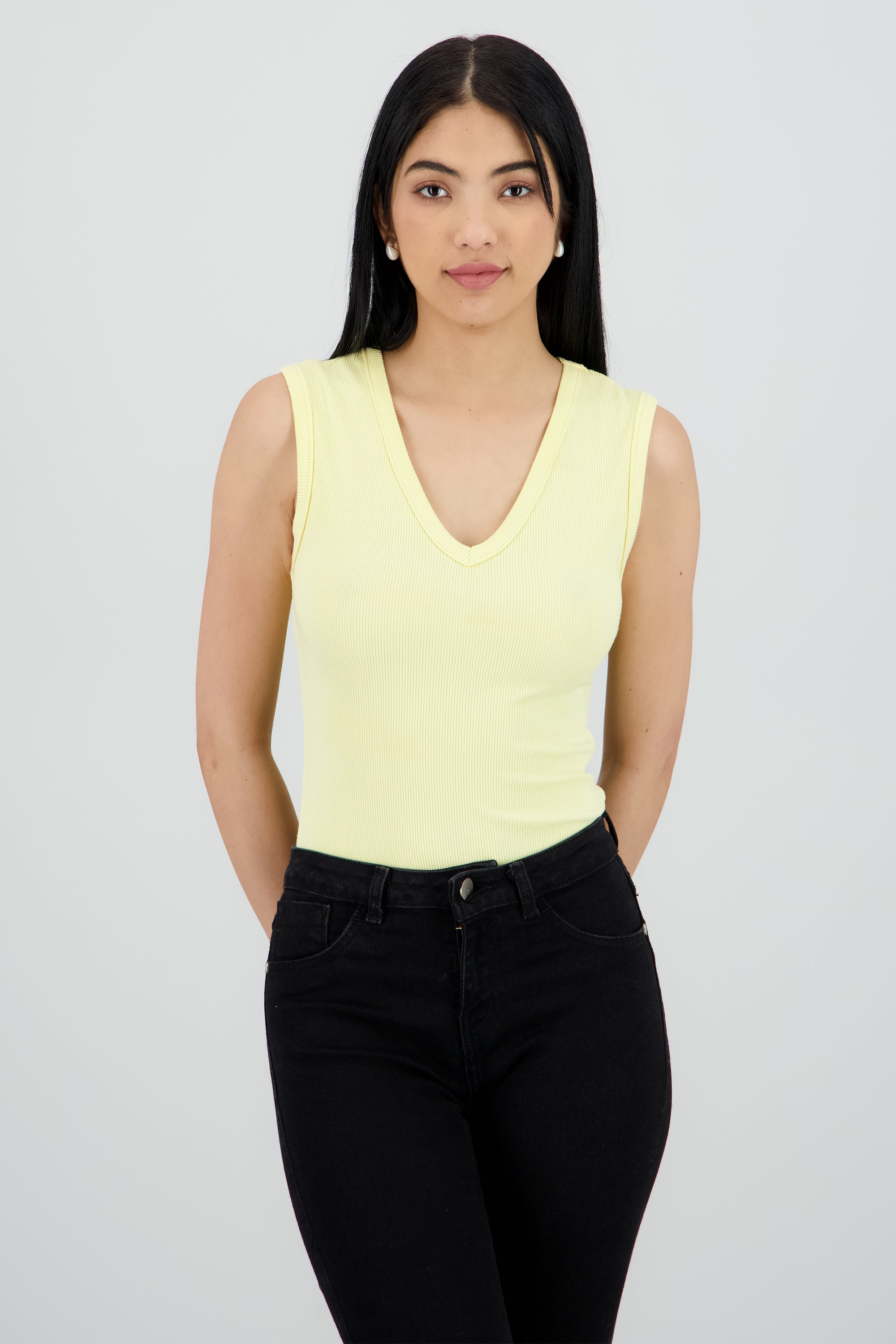 Bodysuit sin manga cuello v rib AMARILLO PASTEL