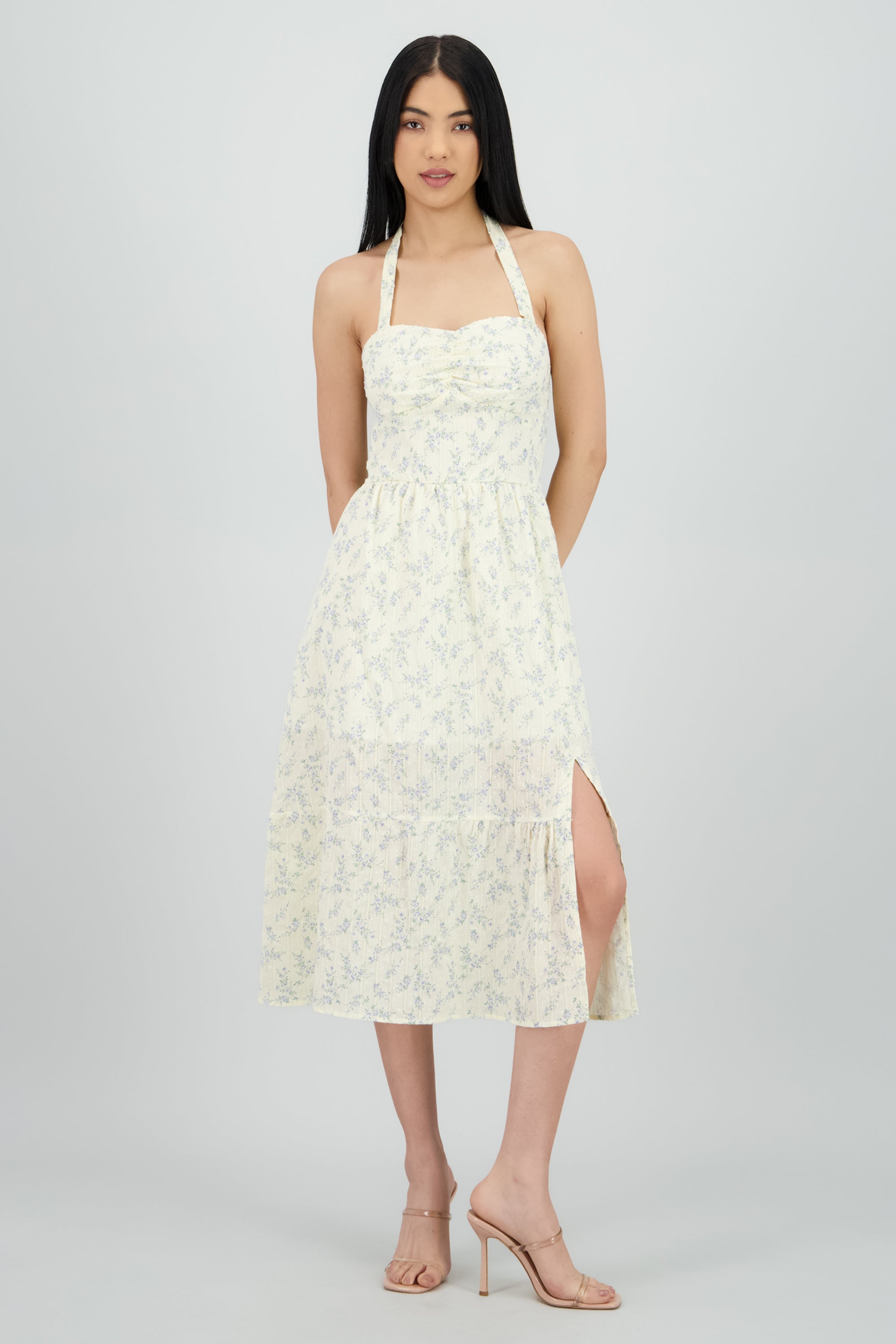 Vestido halter tela con textura estampado flores AMARILLO COMBO