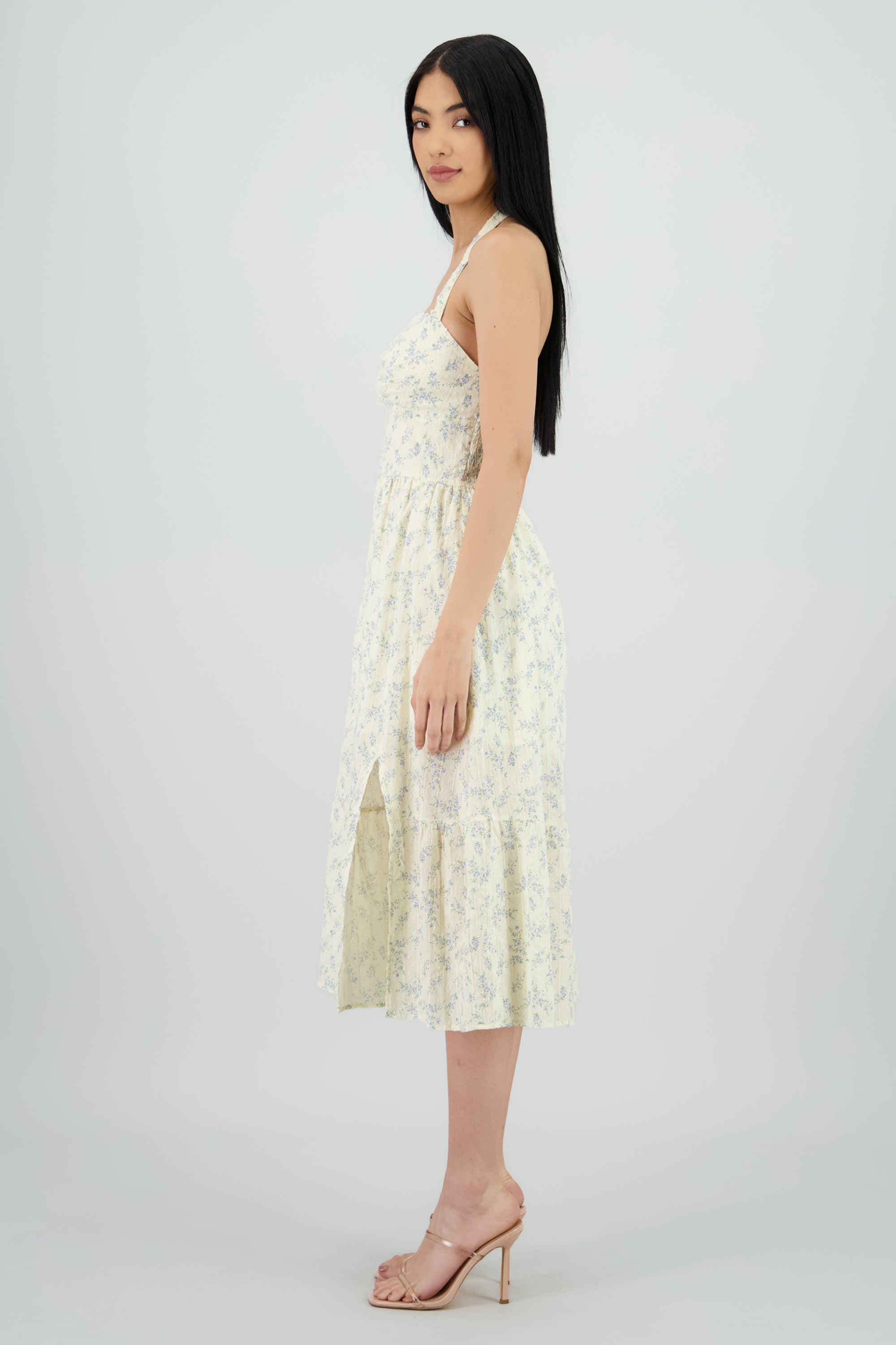 Vestido halter tela con textura estampado flores AMARILLO COMBO