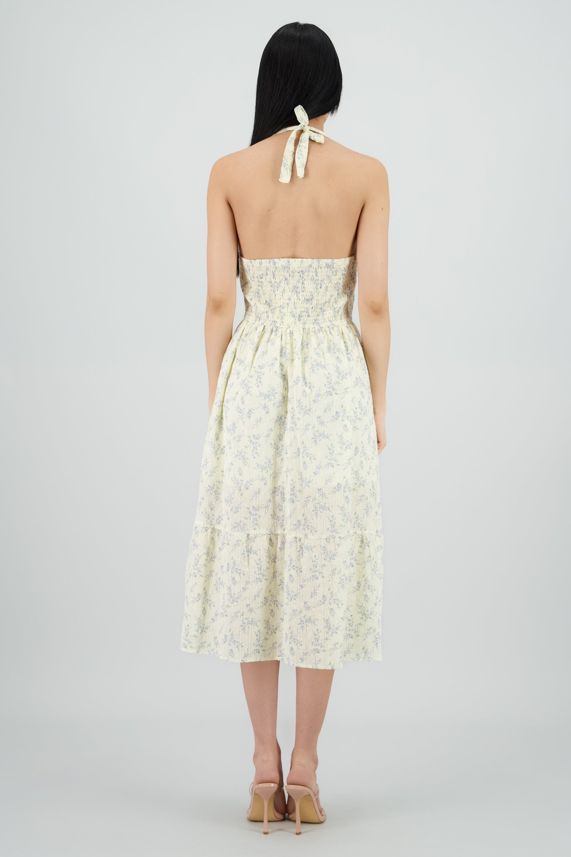 Vestido halter tela con textura estampado flores AMARILLO COMBO