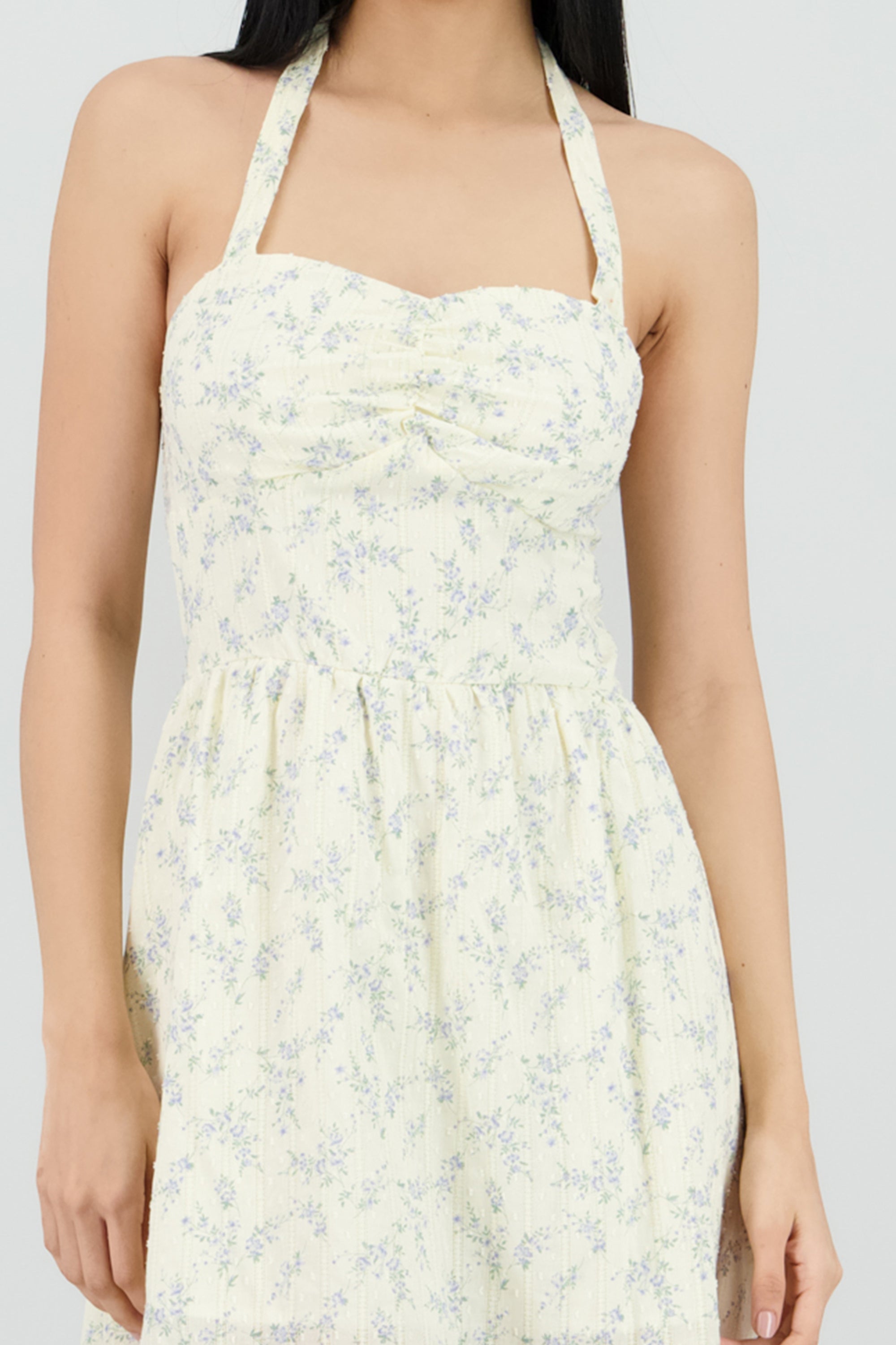 Vestido halter tela con textura estampado flores AMARILLO COMBO