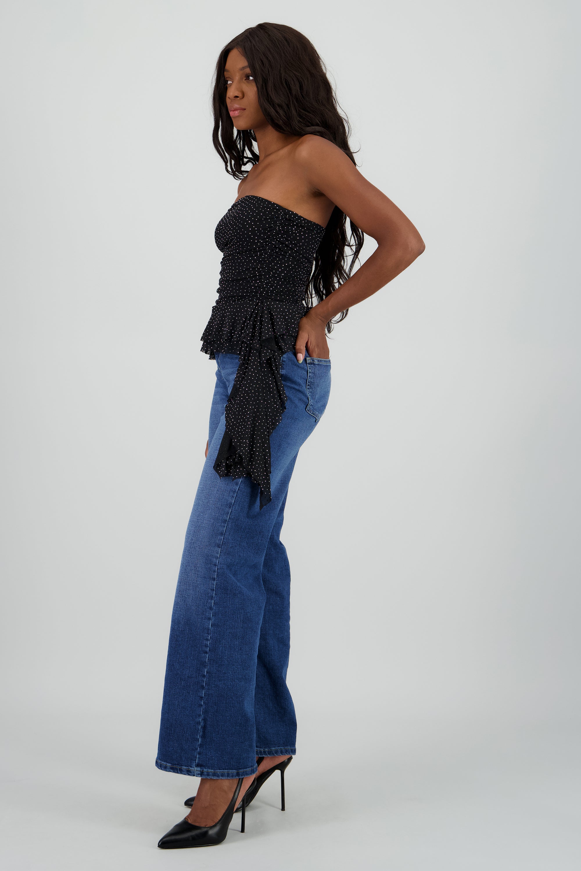 Top strapless drapeado con brillos NEGRO