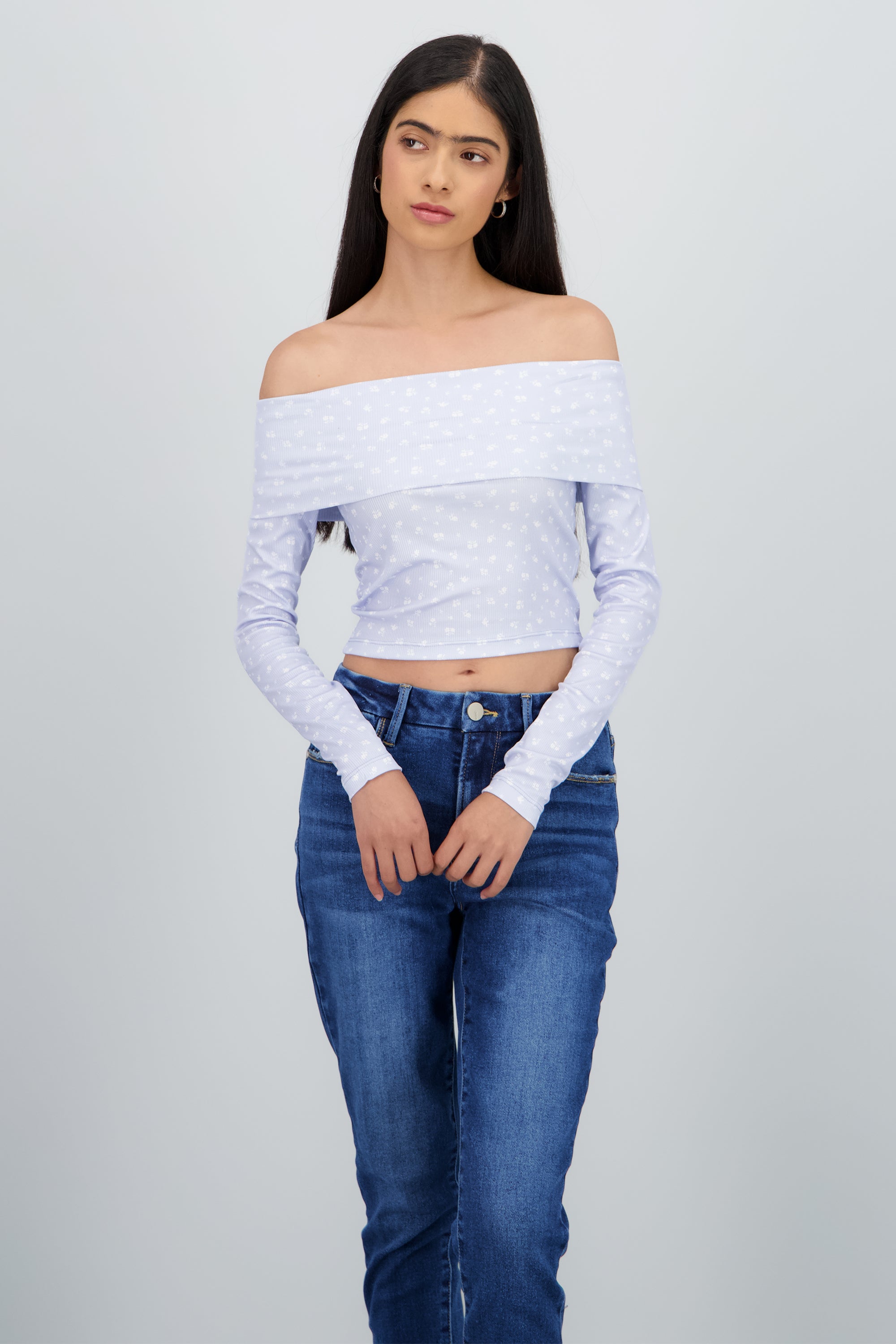 Blusa manga larga off shoulder mini flores AZUL PASTEL