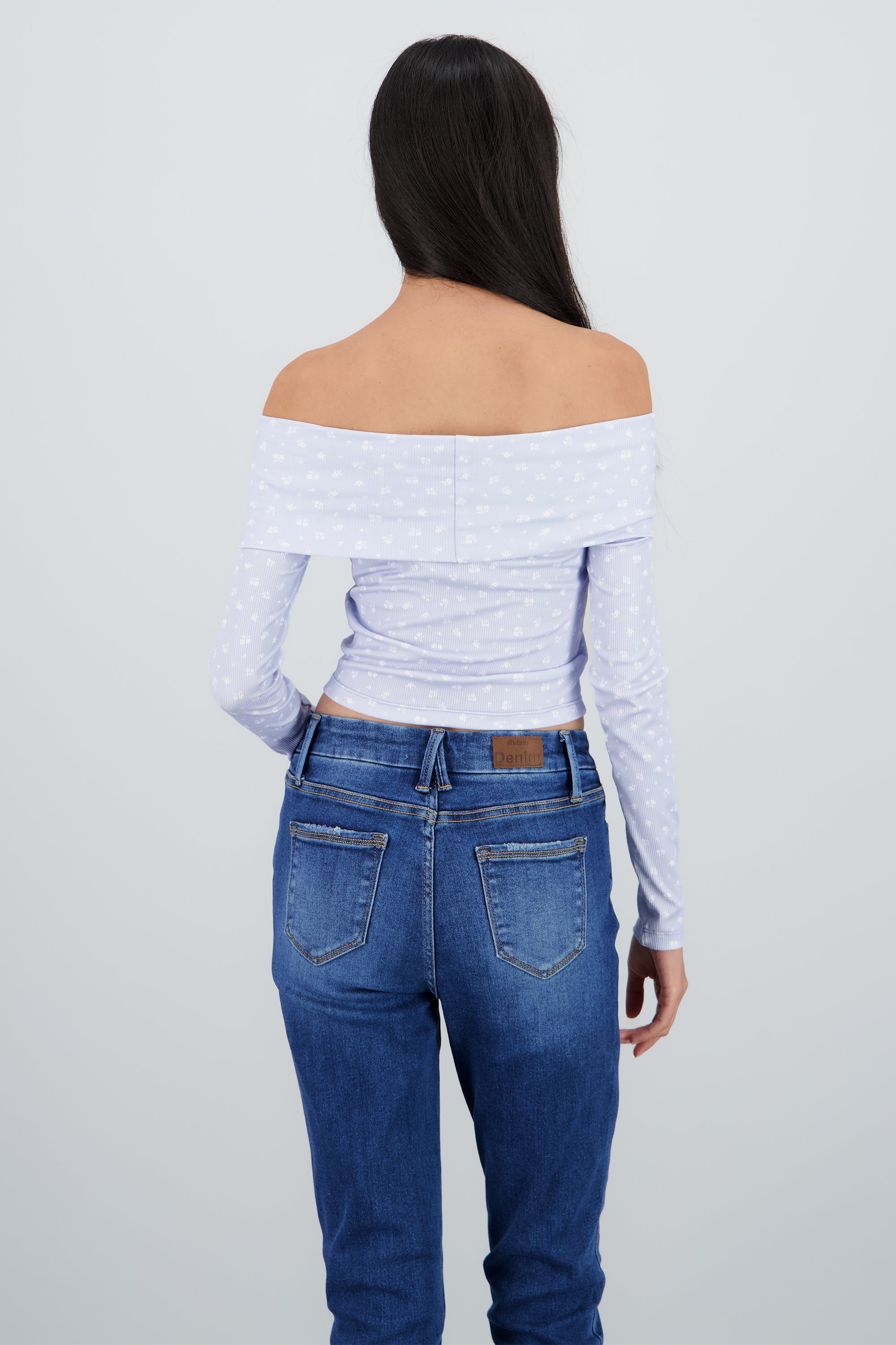Blusa manga larga off shoulder mini flores AZUL PASTEL