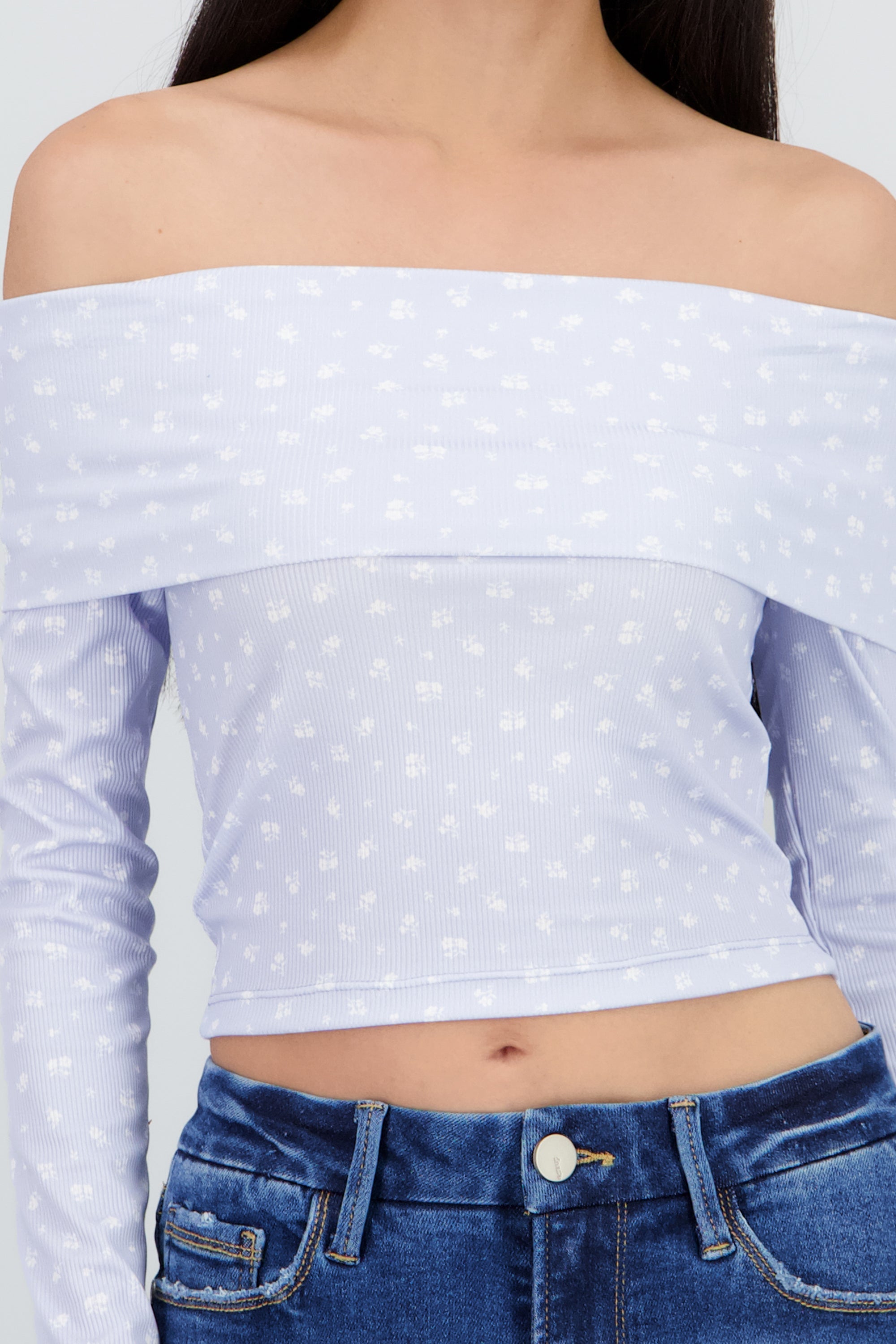 Blusa manga larga off shoulder mini flores AZUL PASTEL
