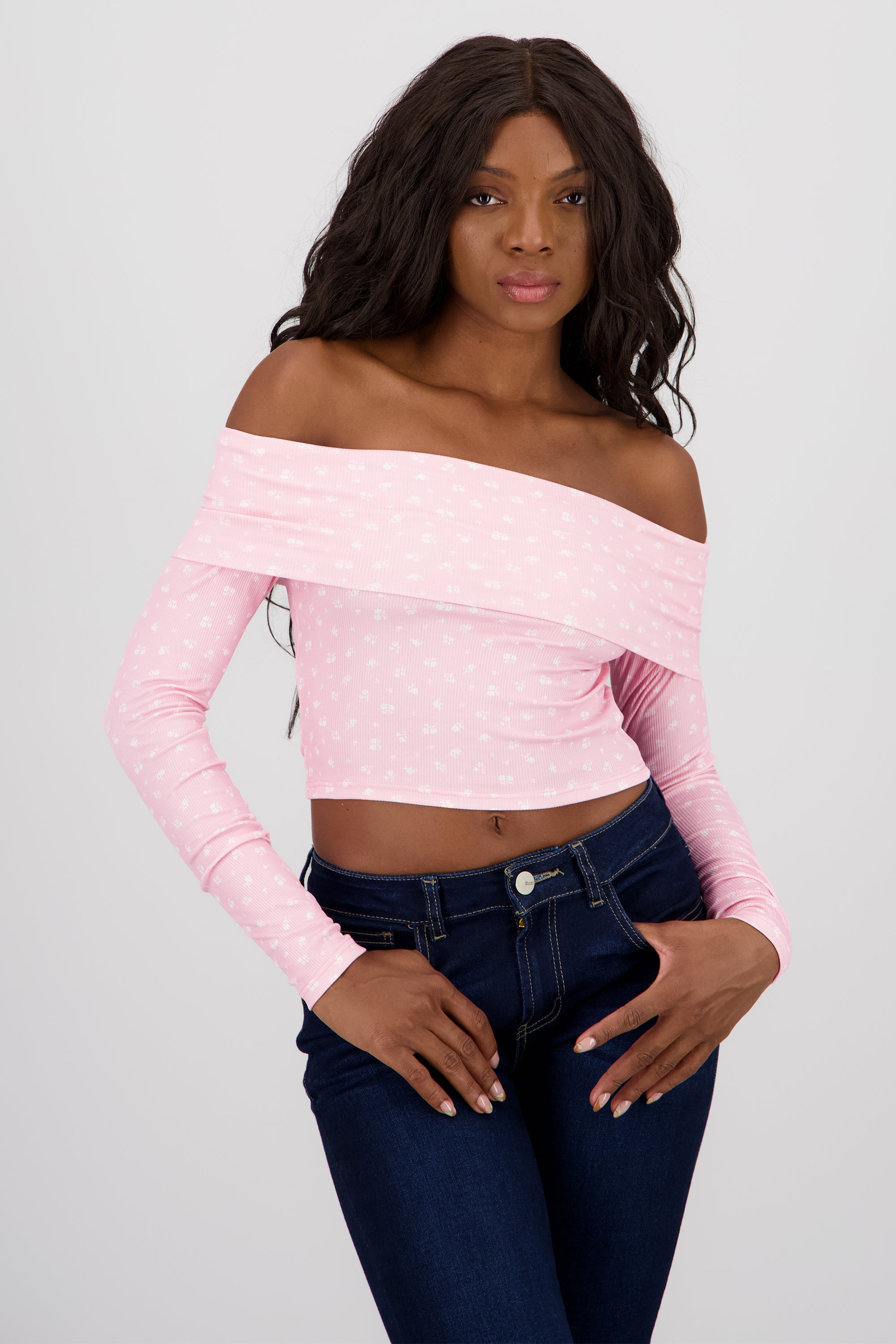Blusa manga larga off shoulder mini flores ROSA PASTEL