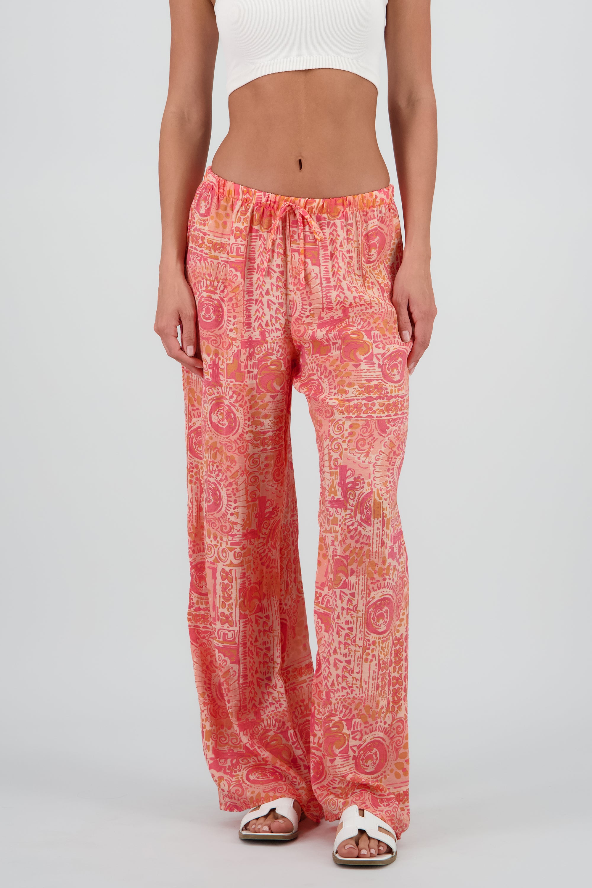 Pantalon amplio estampado lino NARANJA