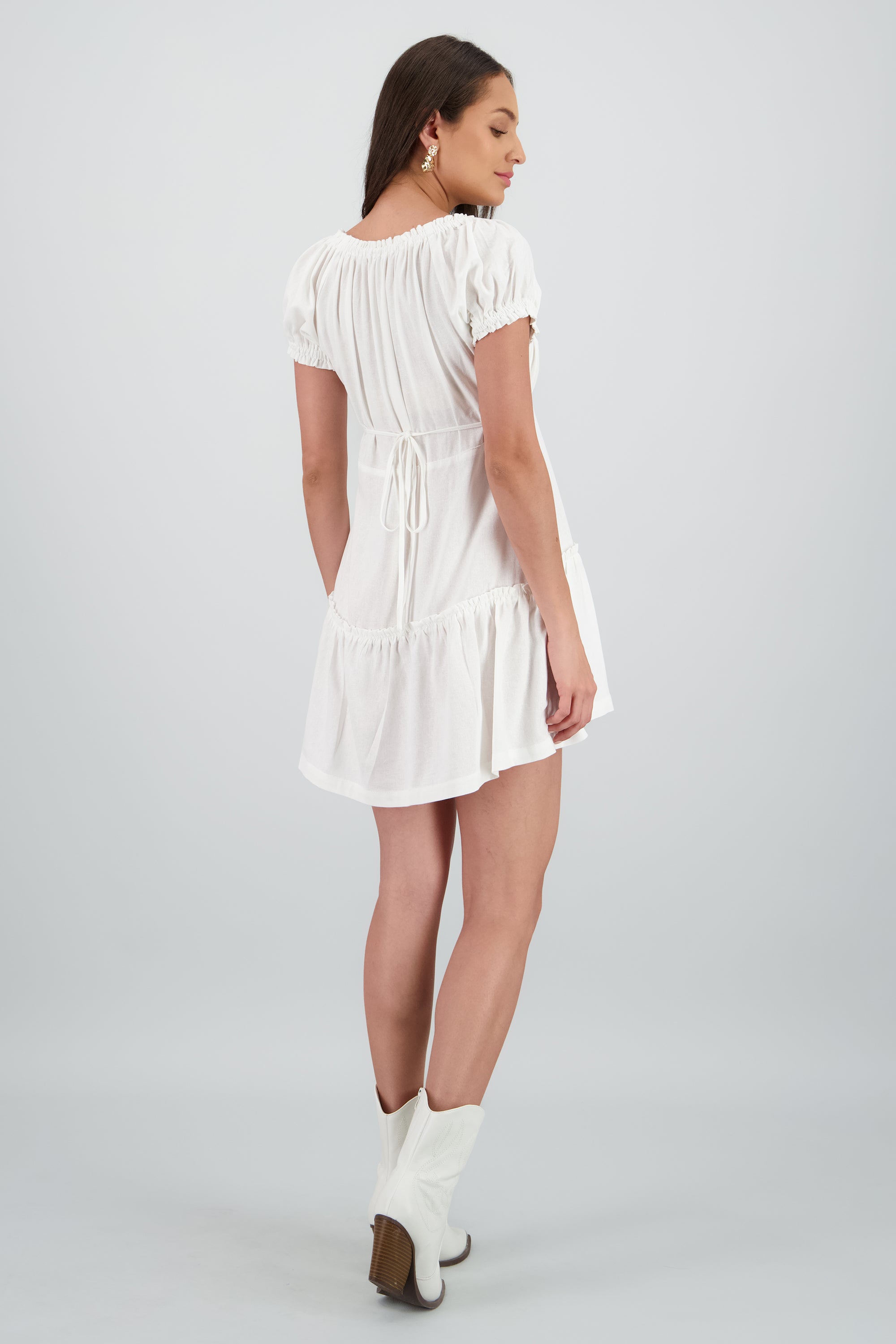 Vestido mini manga corta con botones BLANCO
