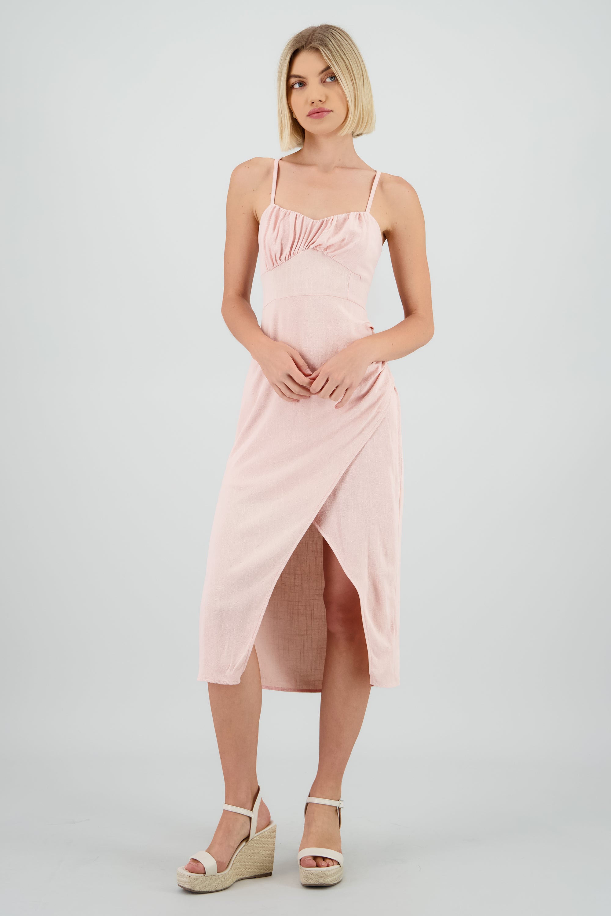 Vestido midi tirantes liso con abertura PALO DE ROSA