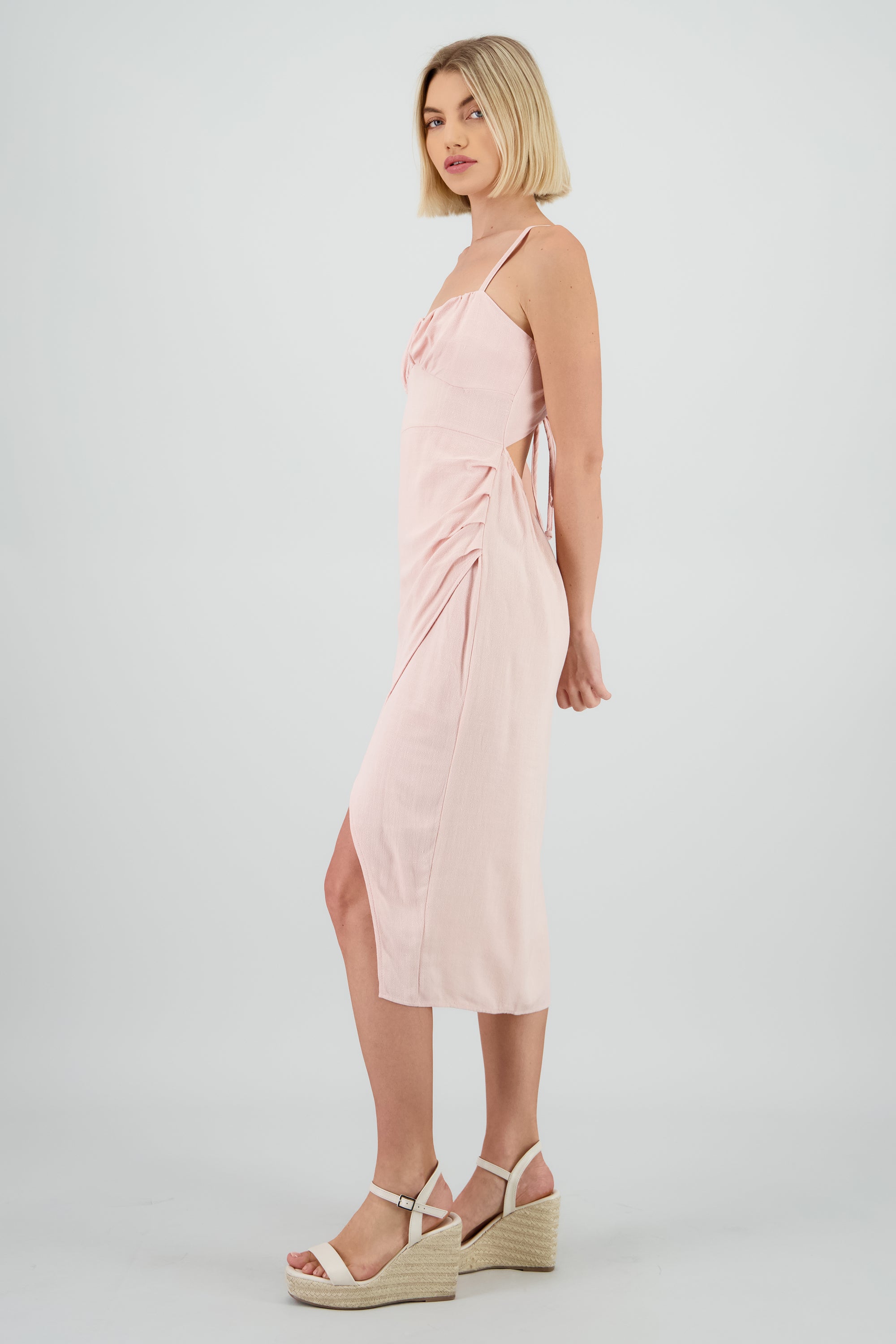 Vestido midi tirantes liso con abertura PALO DE ROSA
