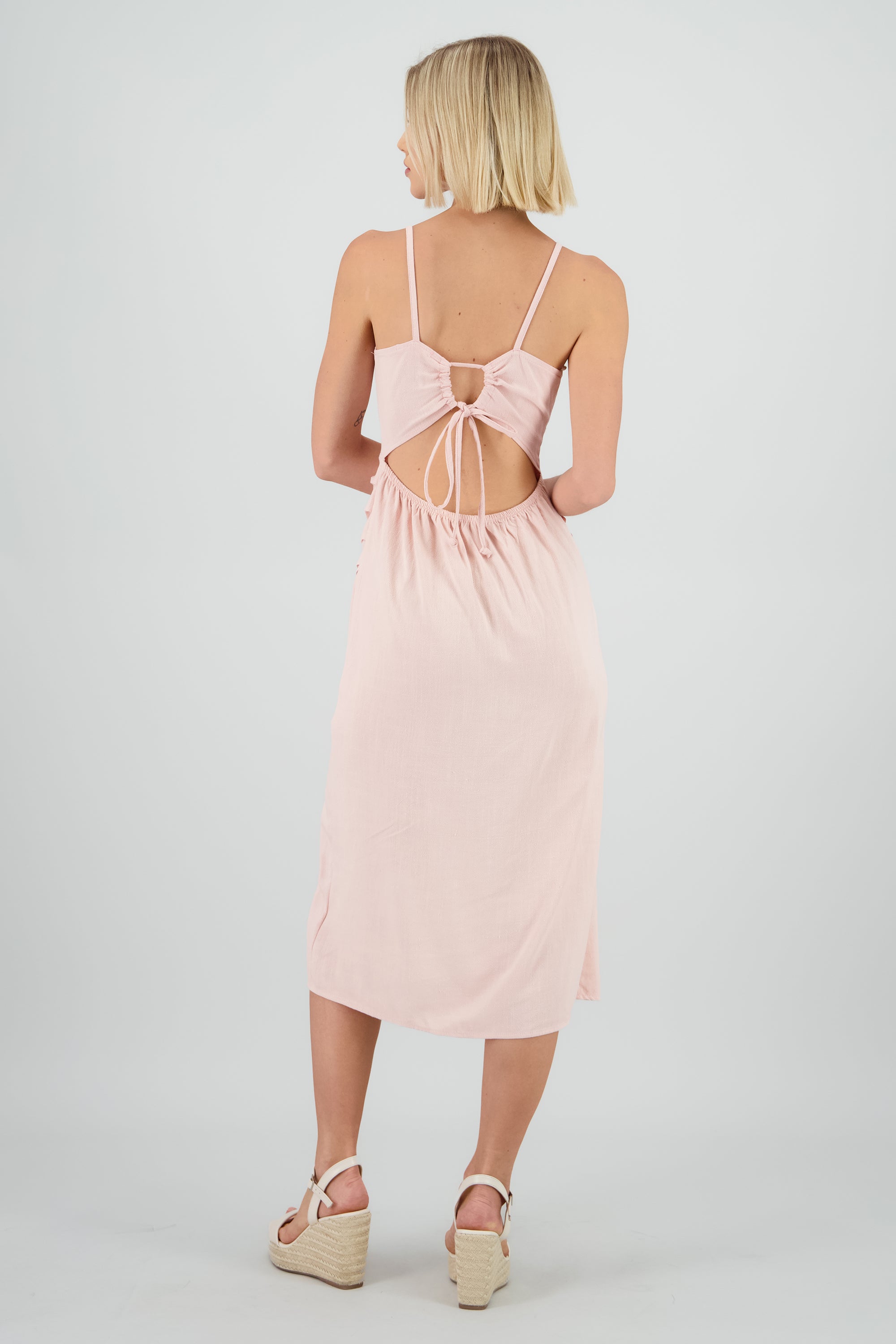Vestido midi tirantes liso con abertura PALO DE ROSA