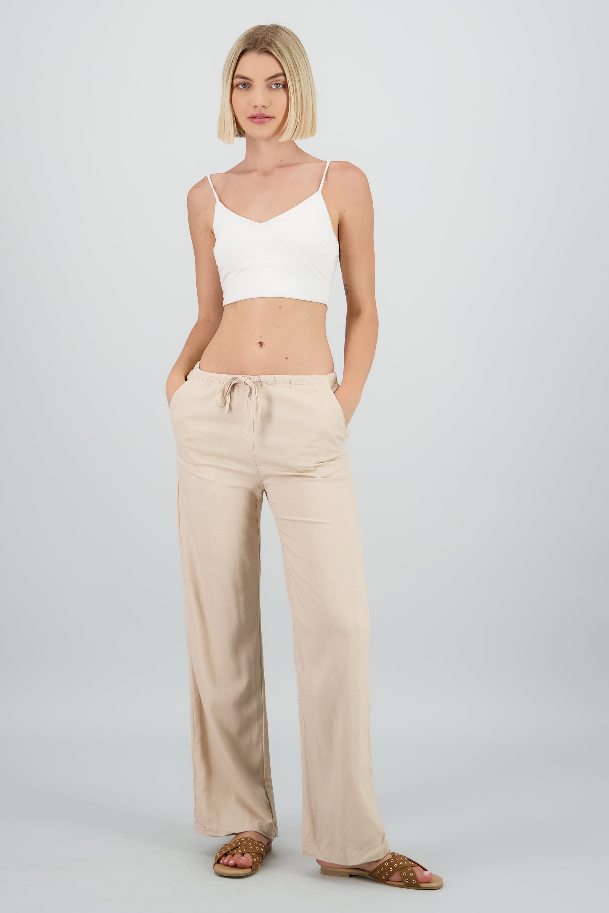 Pantalon liso fluido lino KHAKI