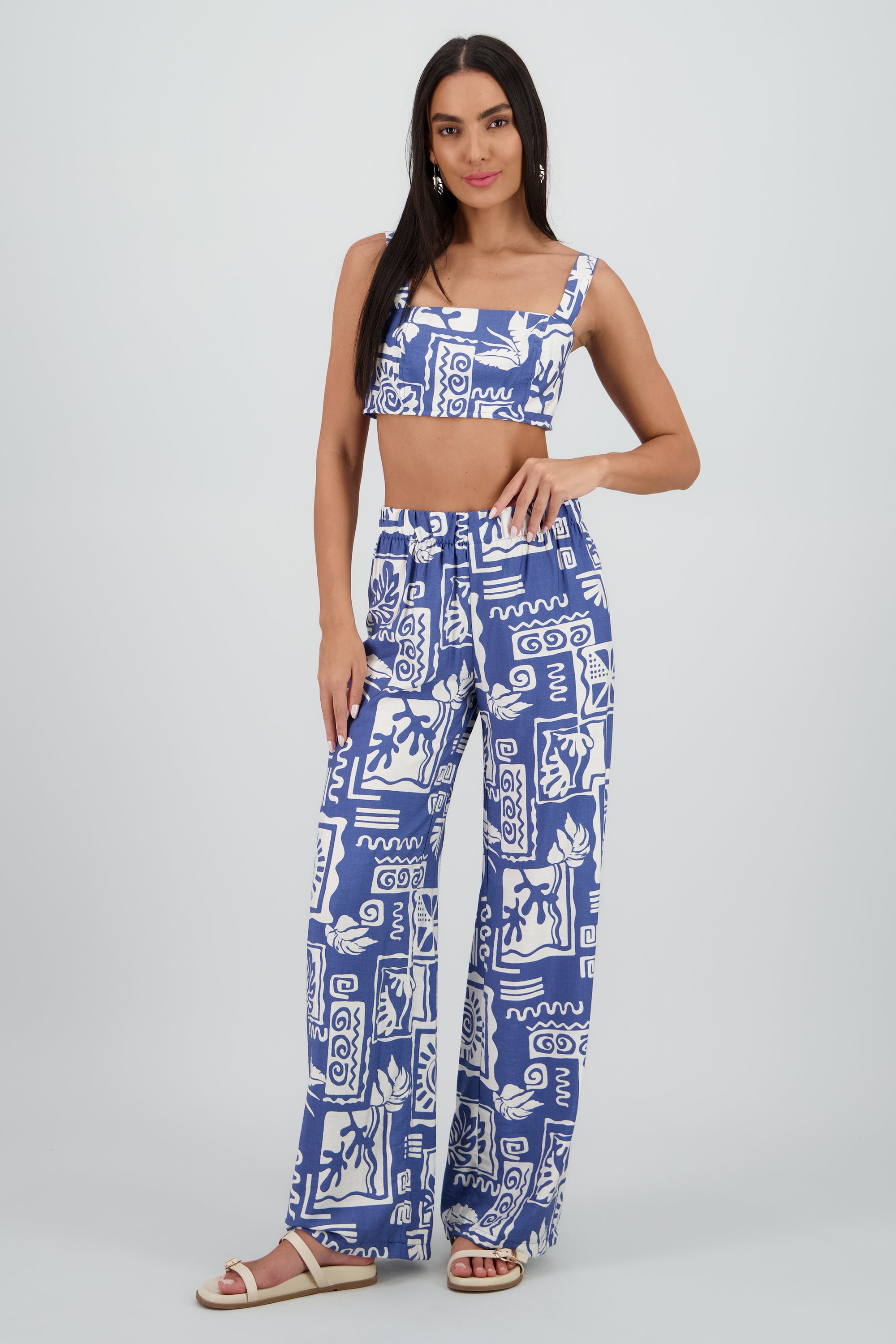 Pantalon estampado tropical wide leg AZUL COMBO