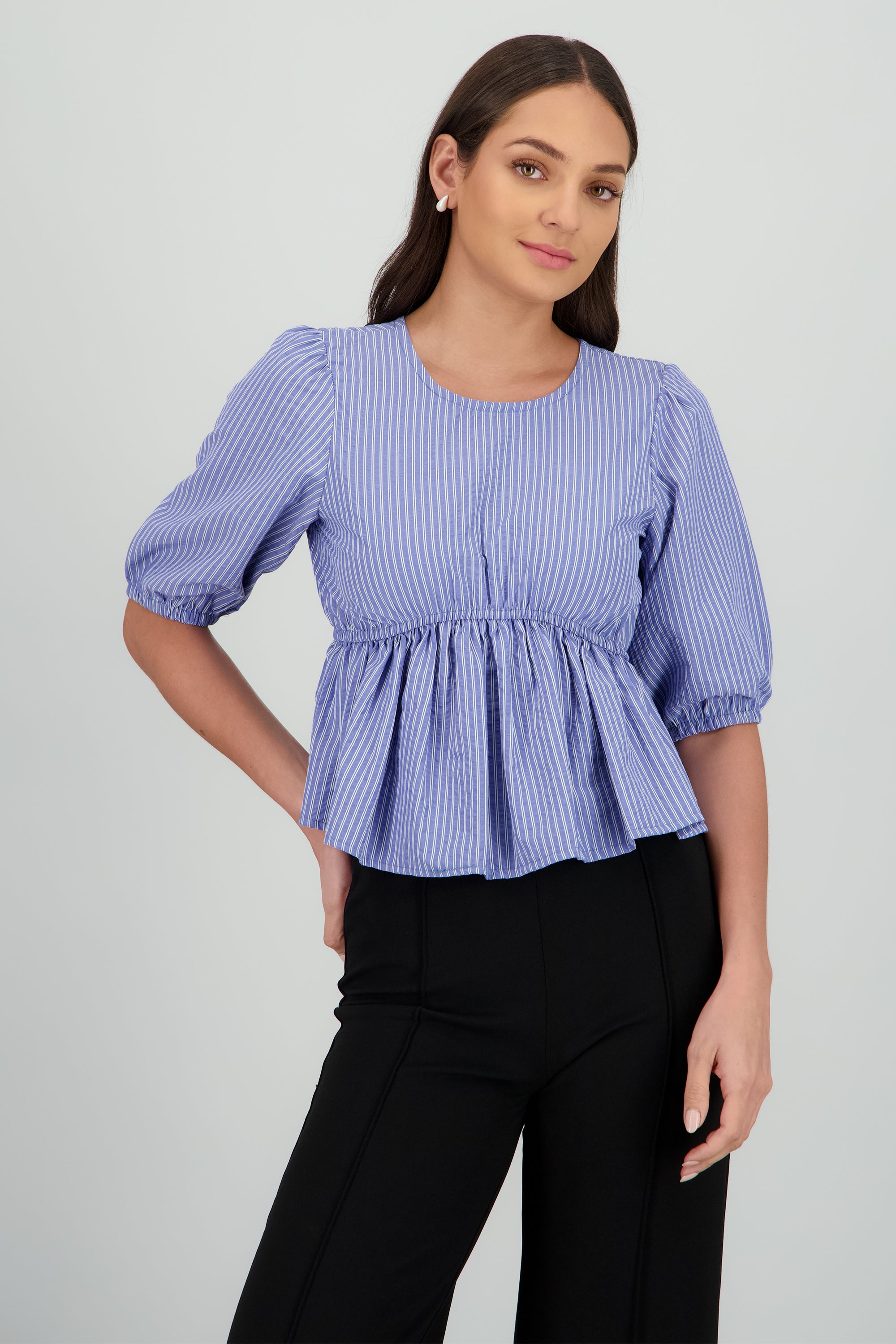 Blusa manga larga detalle moño en espalda rayas AZUL COMBO