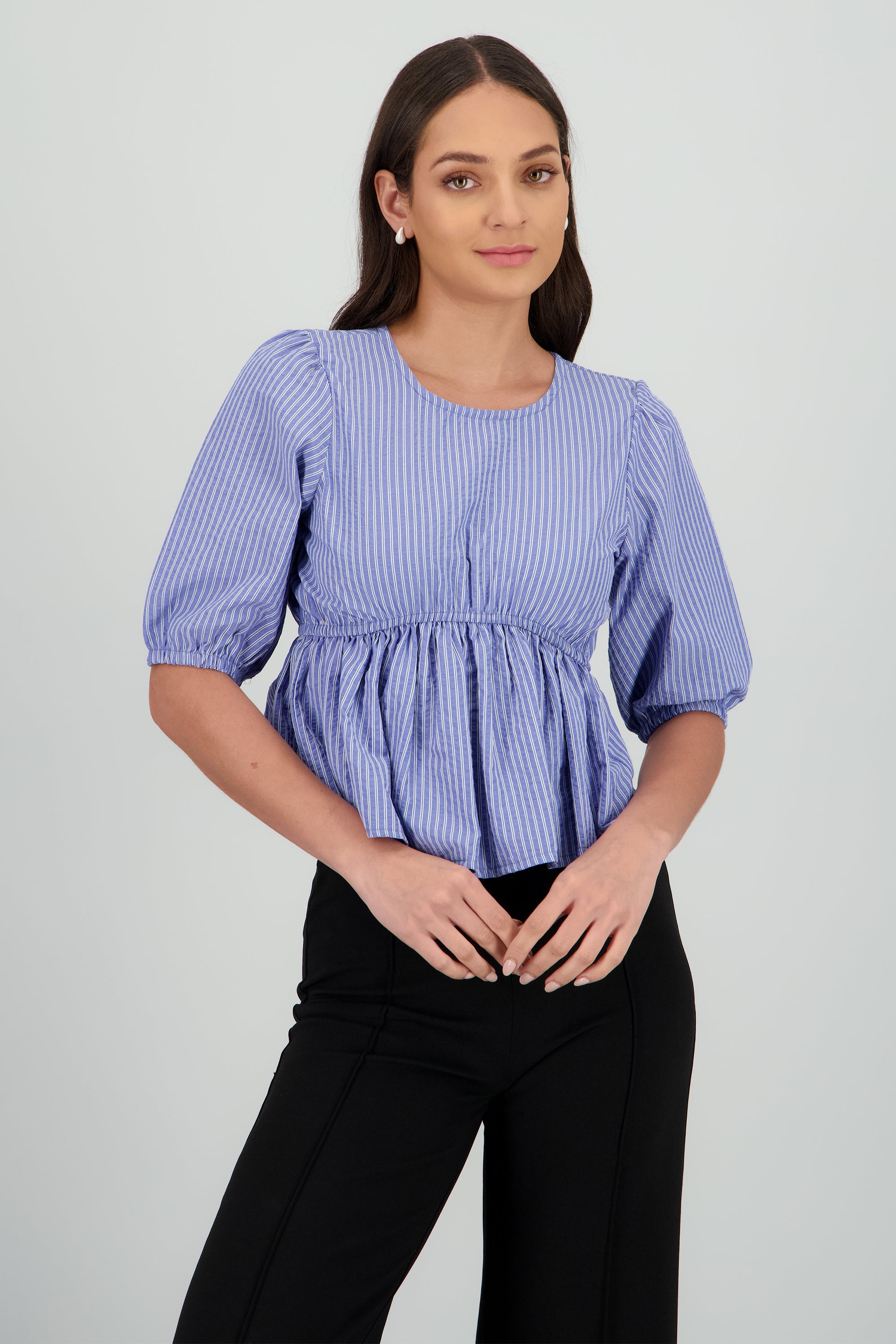 Blusa manga larga detalle moño en espalda rayas AZUL COMBO