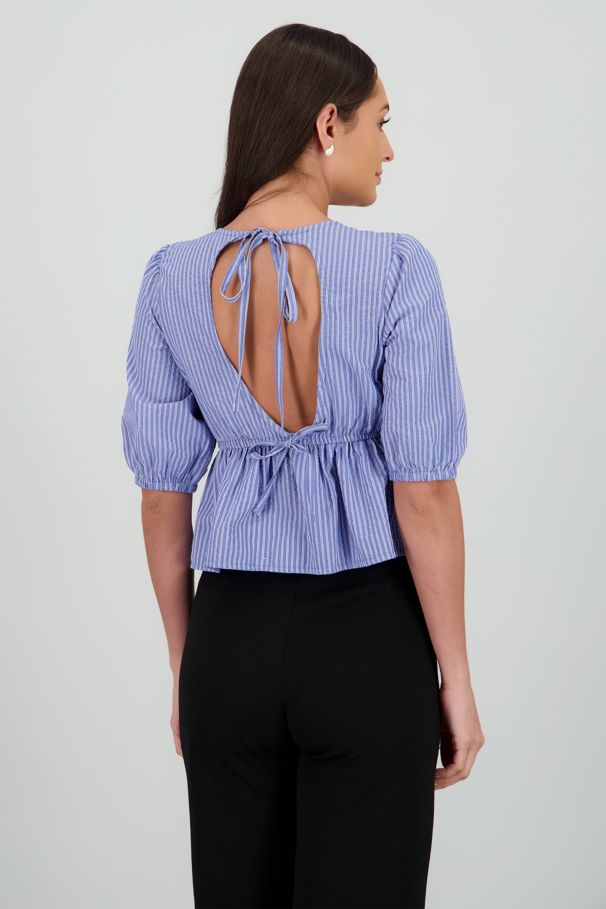 Blusa manga larga detalle moño en espalda rayas AZUL COMBO