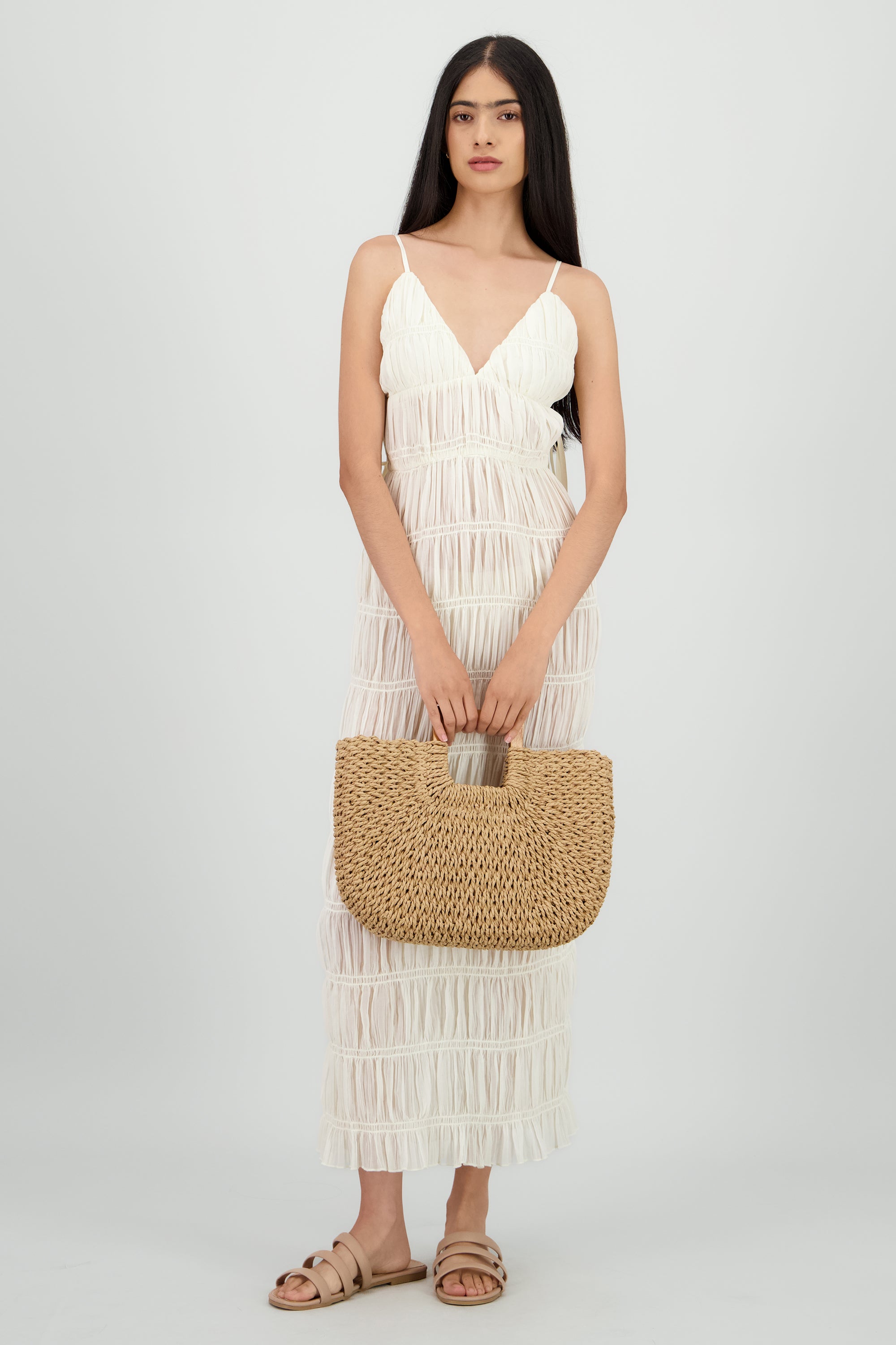 Vestido smock tirantes maxi CREMA