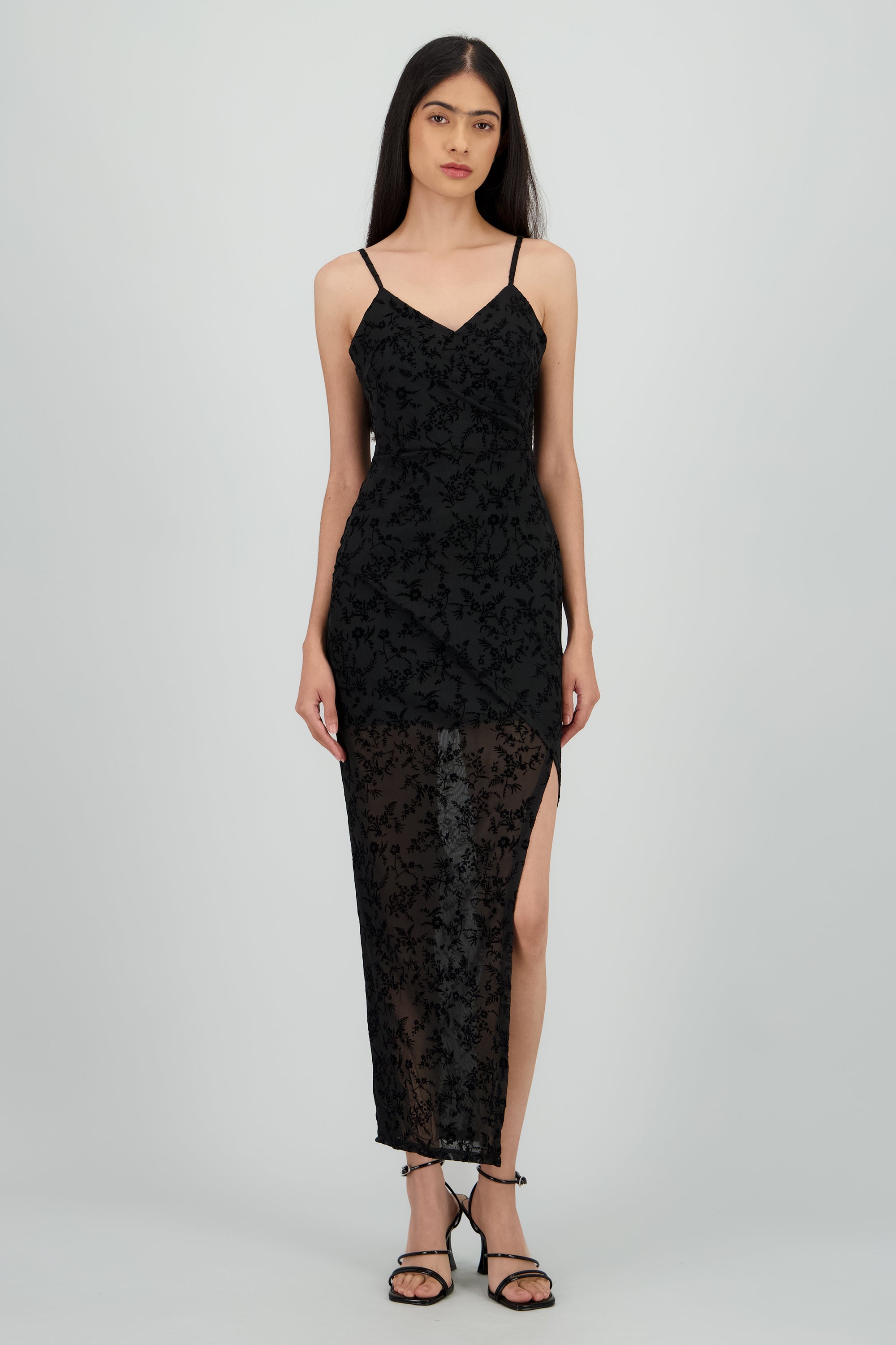 Vestido mesh flock escote en V NEGRO
