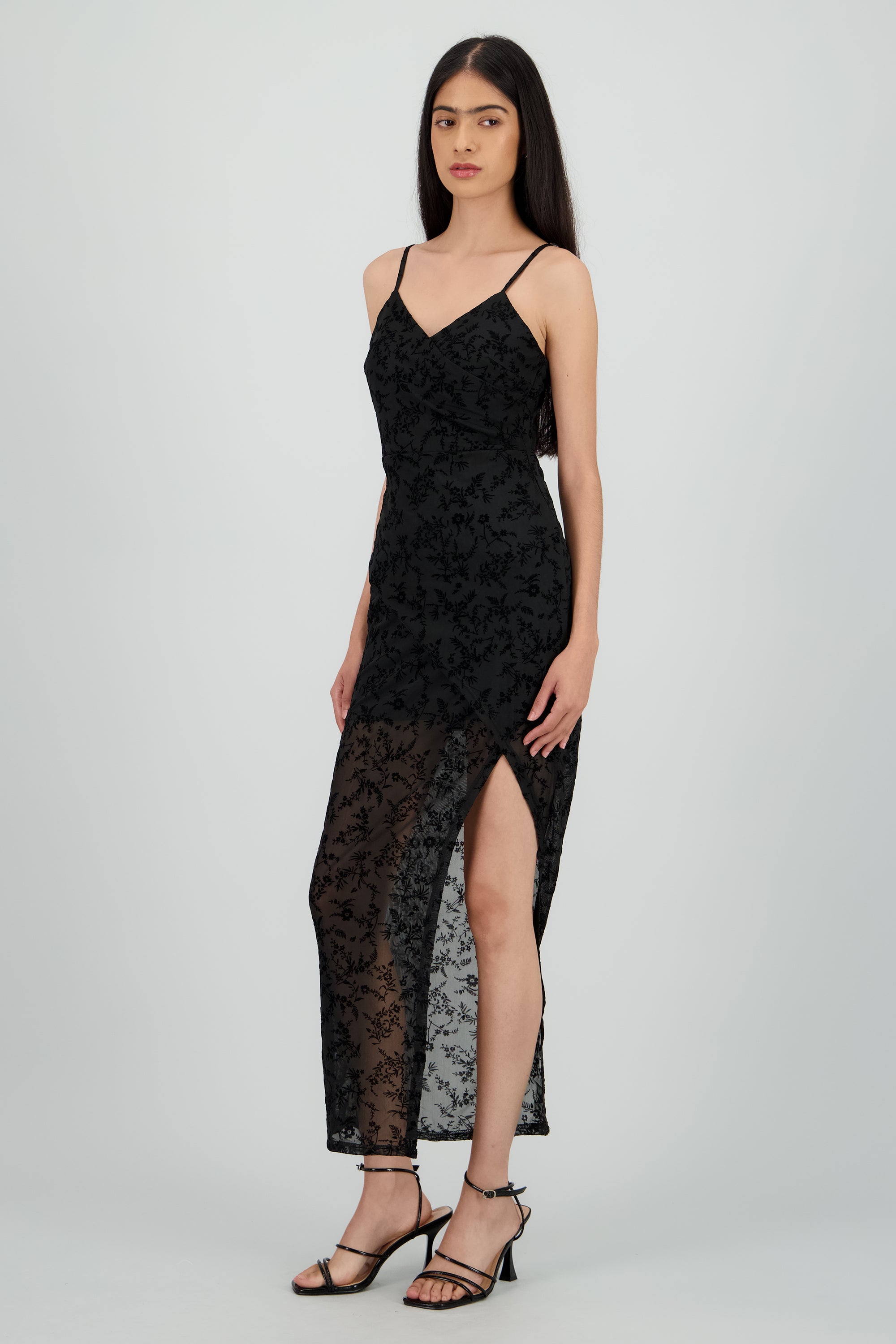 Vestido mesh flock escote en V NEGRO