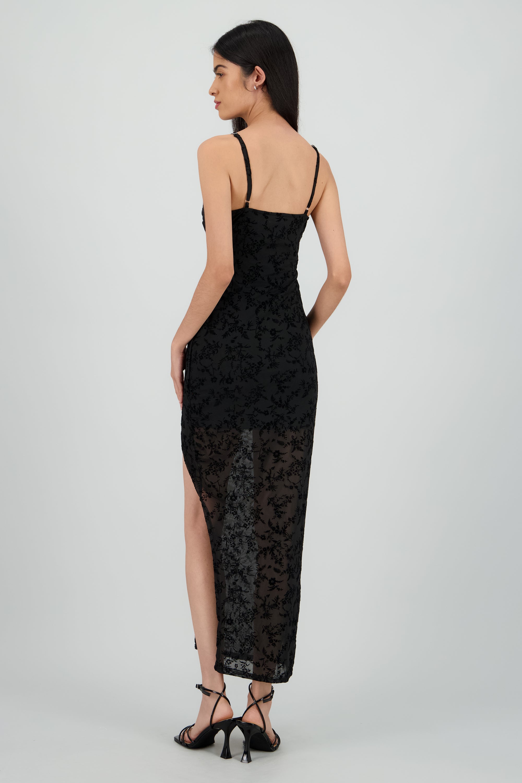 Vestido mesh flock escote en V NEGRO