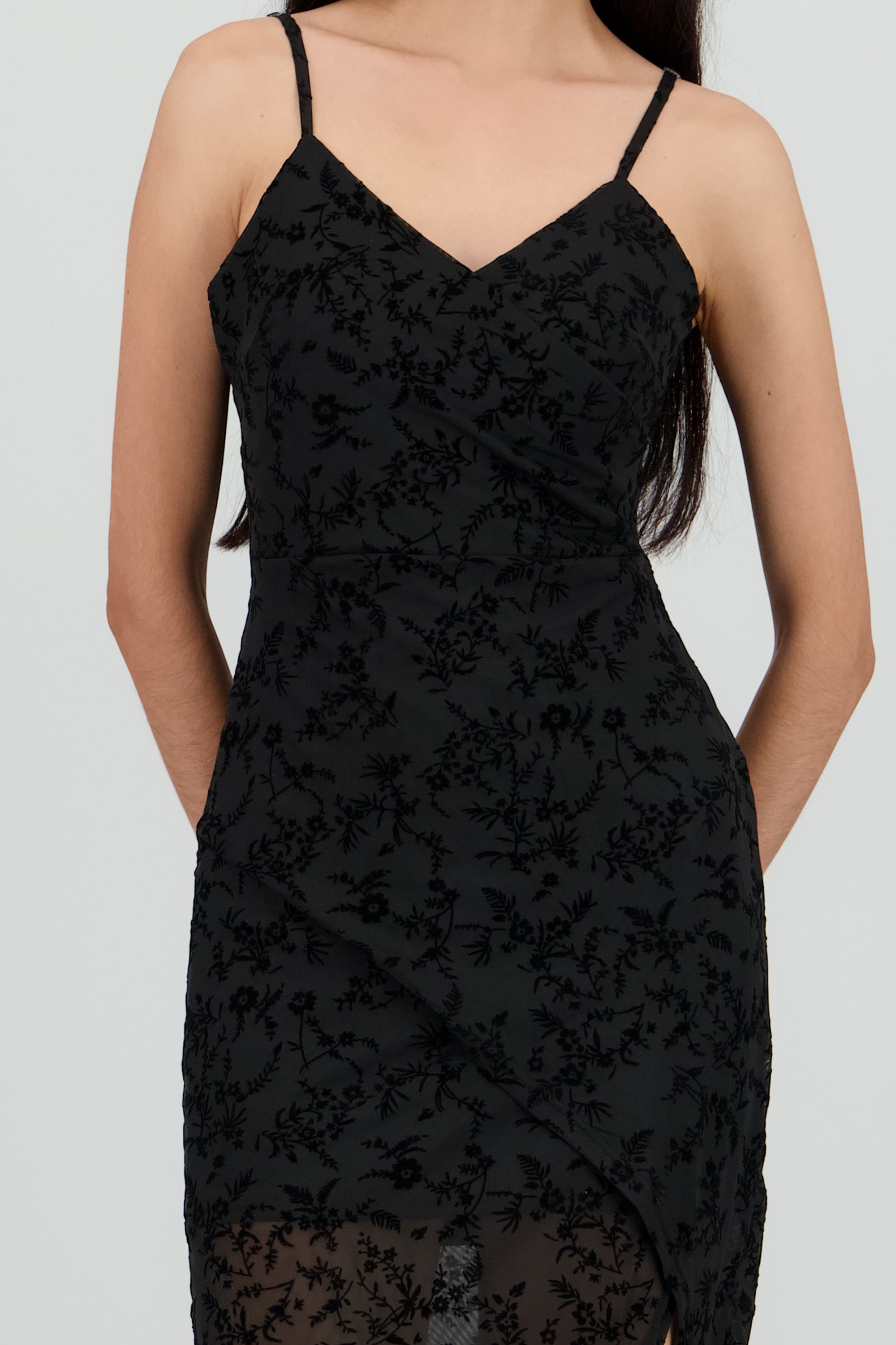 Vestido mesh flock escote en V NEGRO