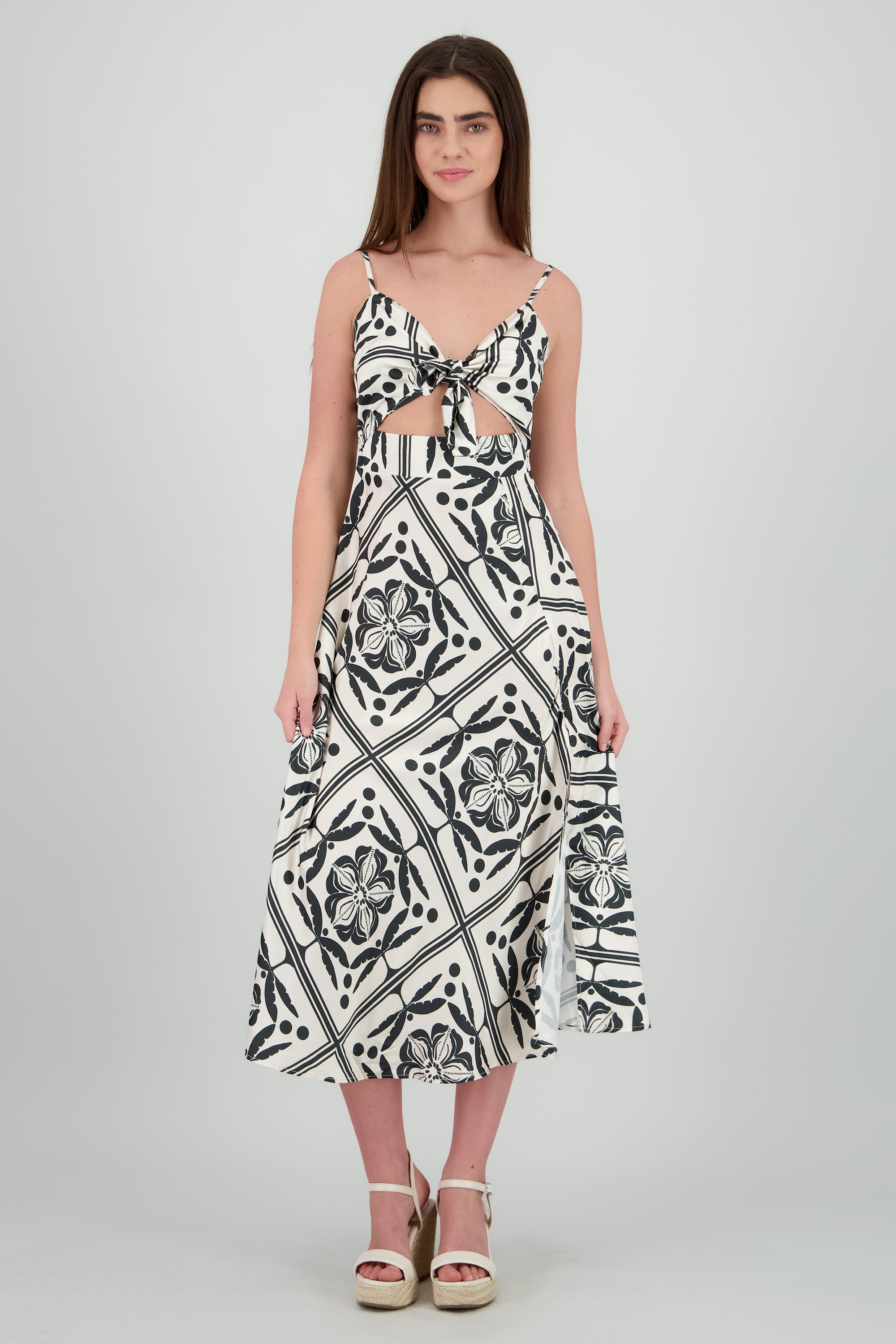 Vestido midi escote nudo estampado NEGRO BLANCO