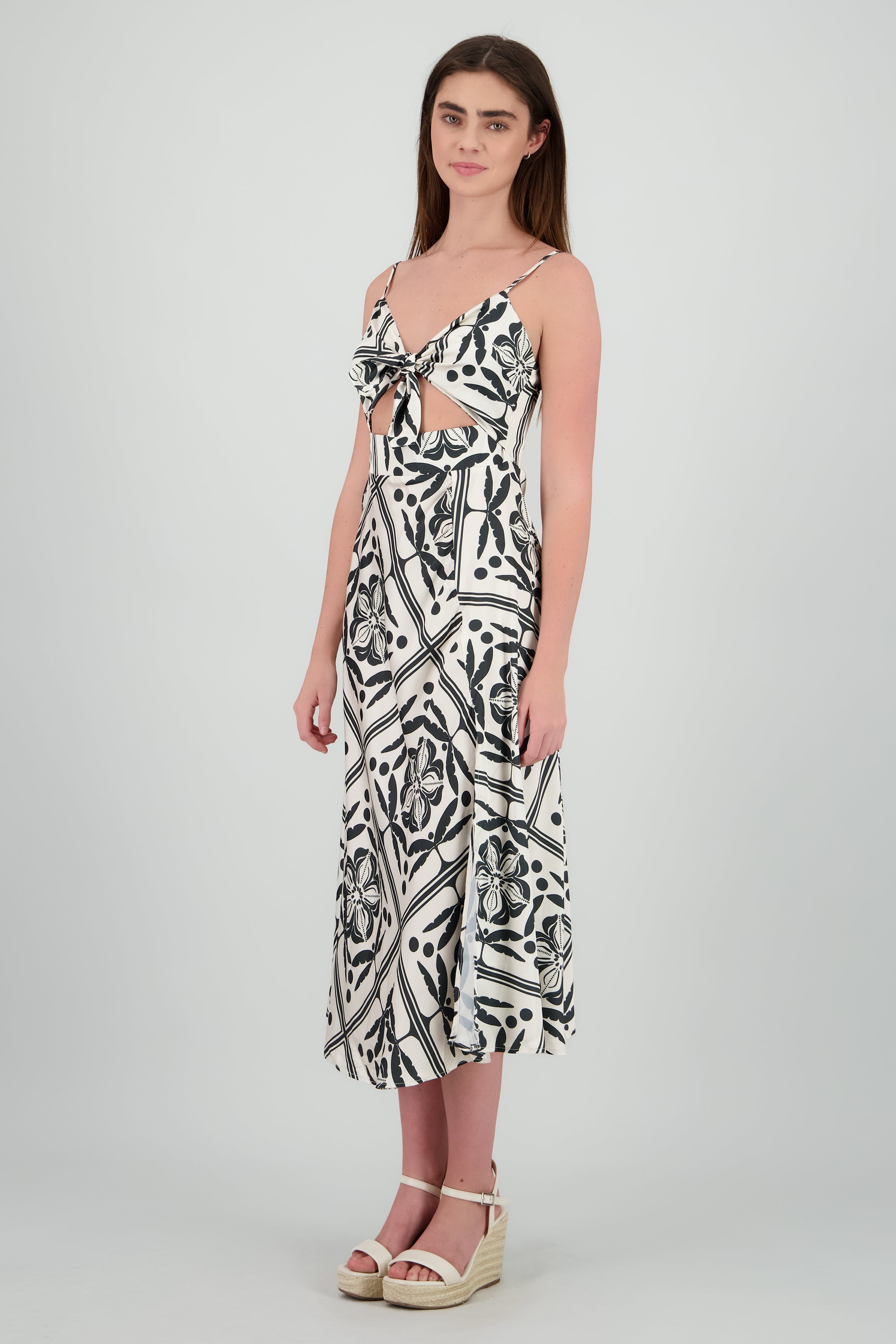 Vestido midi escote nudo estampado NEGRO BLANCO