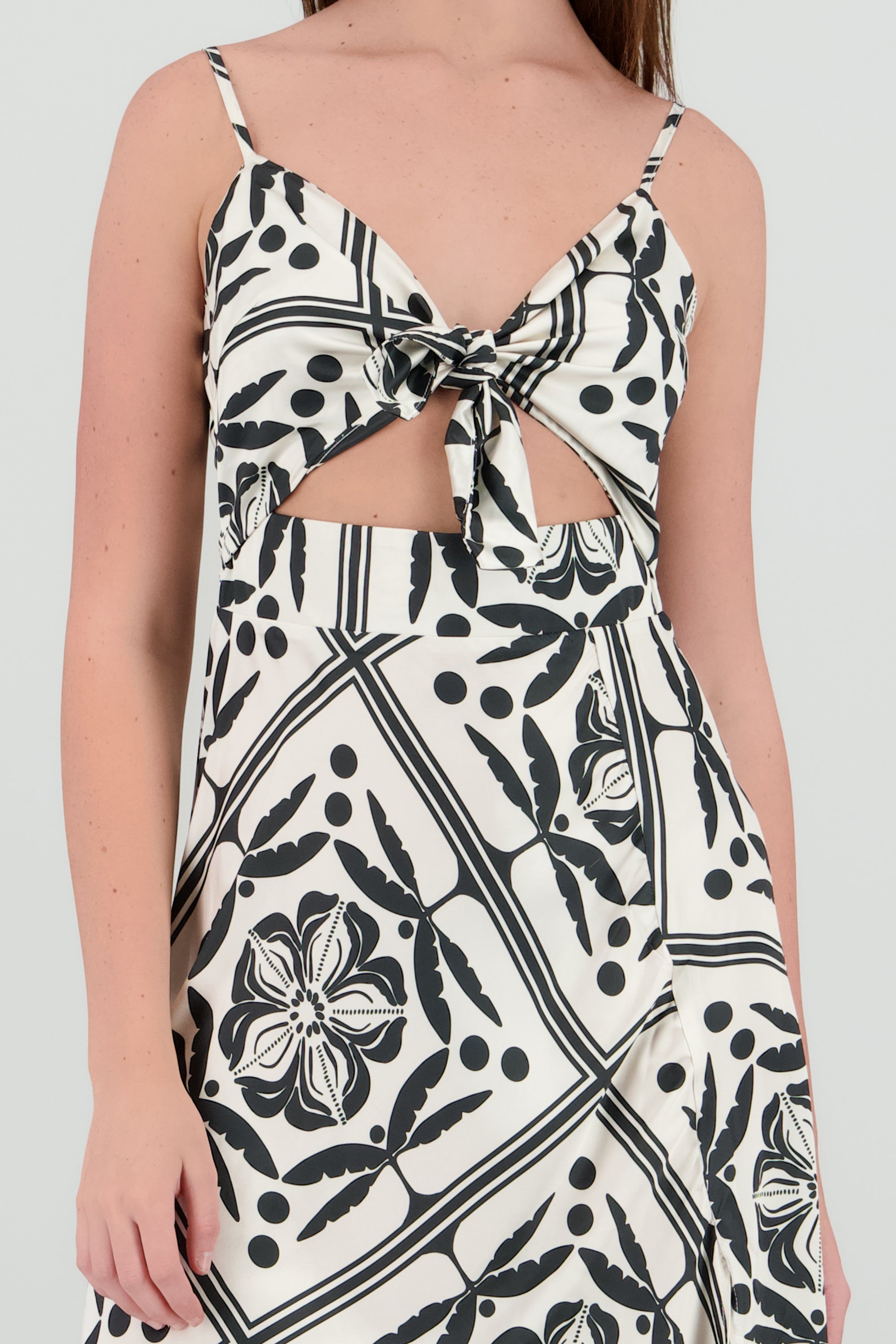 Vestido midi escote nudo estampado NEGRO BLANCO