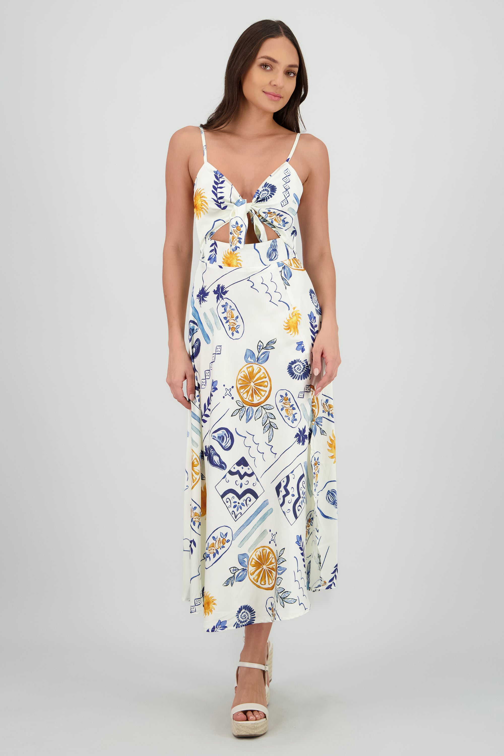 Vestido midi escote nudo estampado BLANCO COMBO