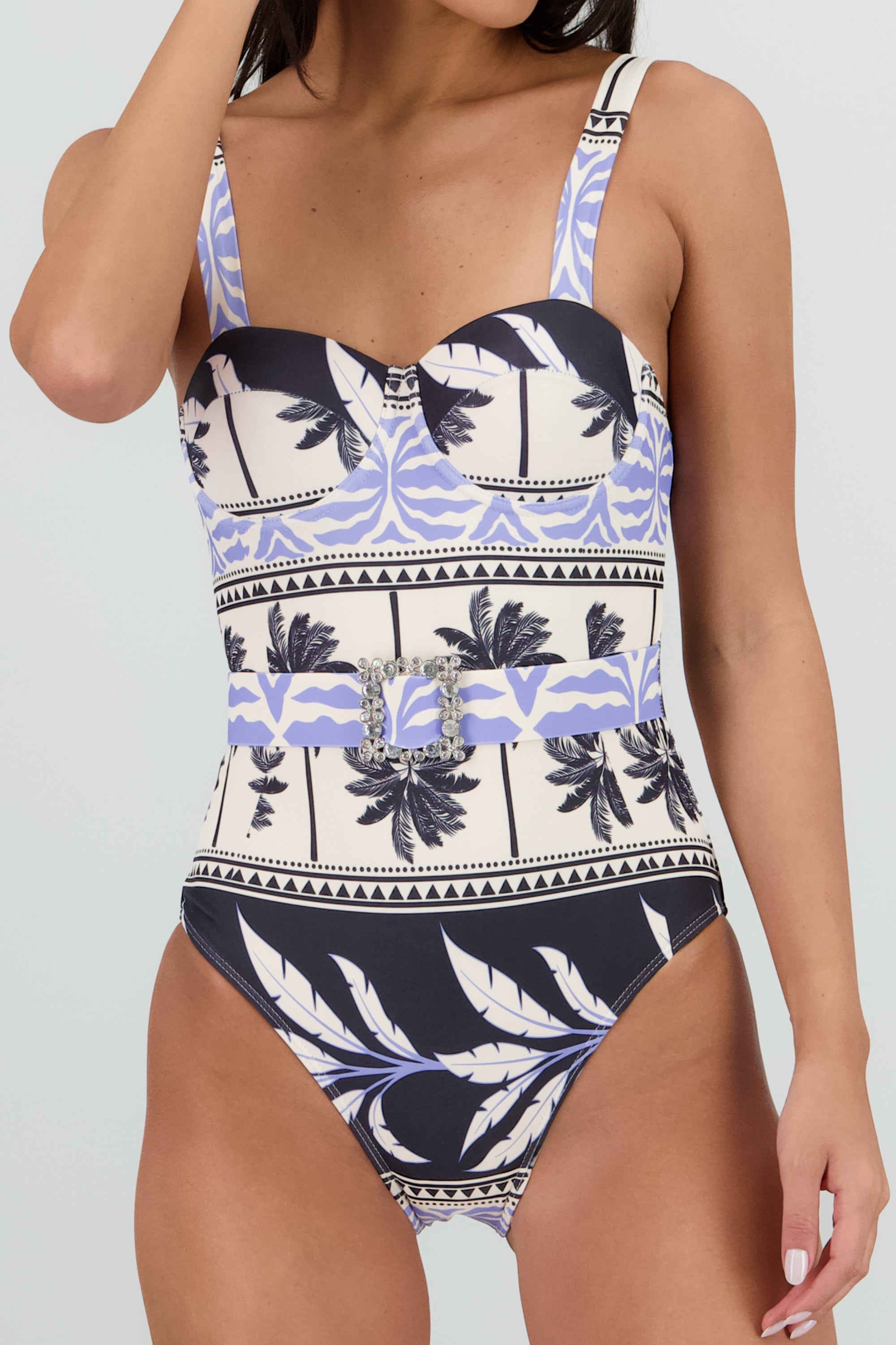 Traje de baño estampado copas cinturon AZUL COMBO