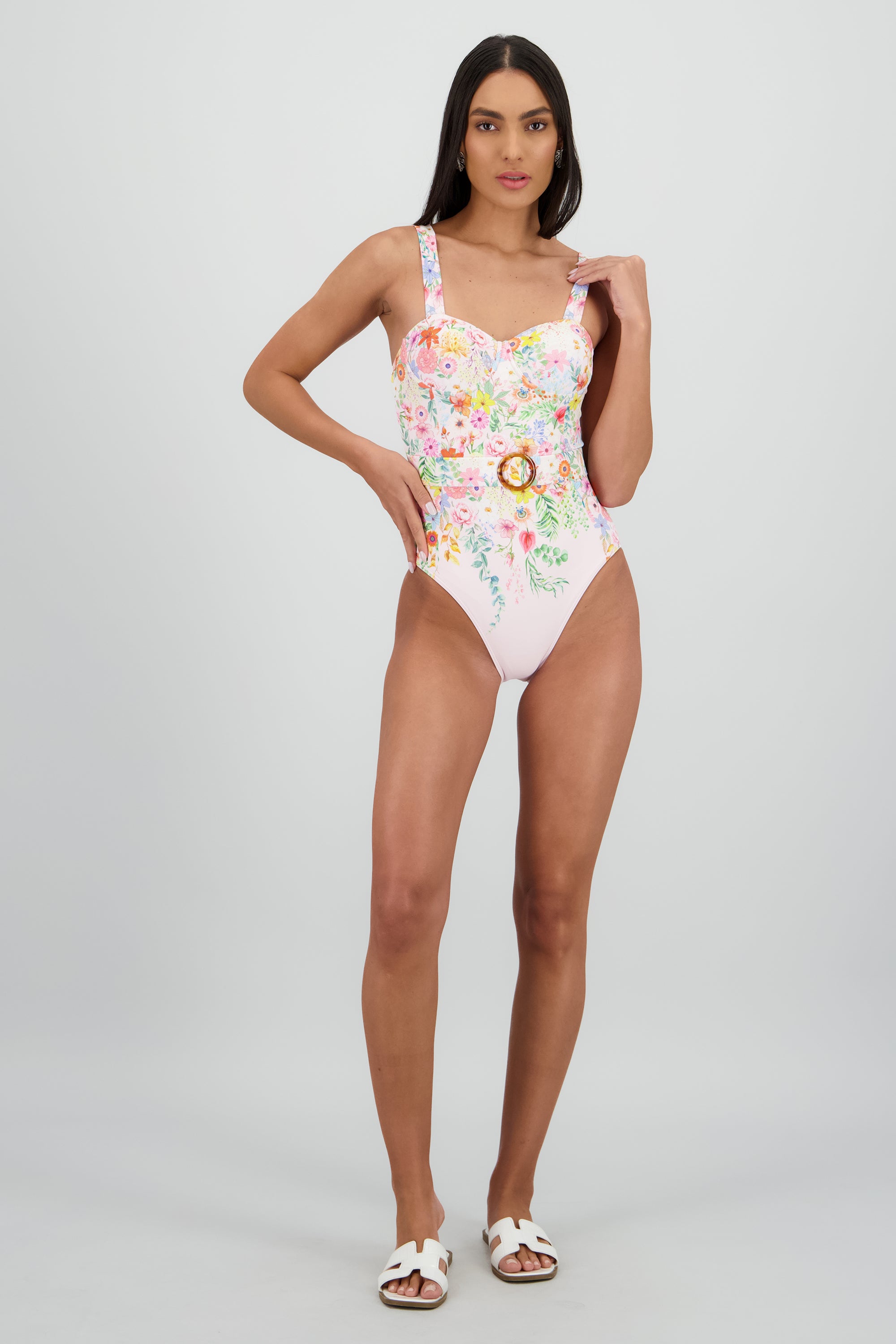Traje de baño estampado flores cinturon LILA