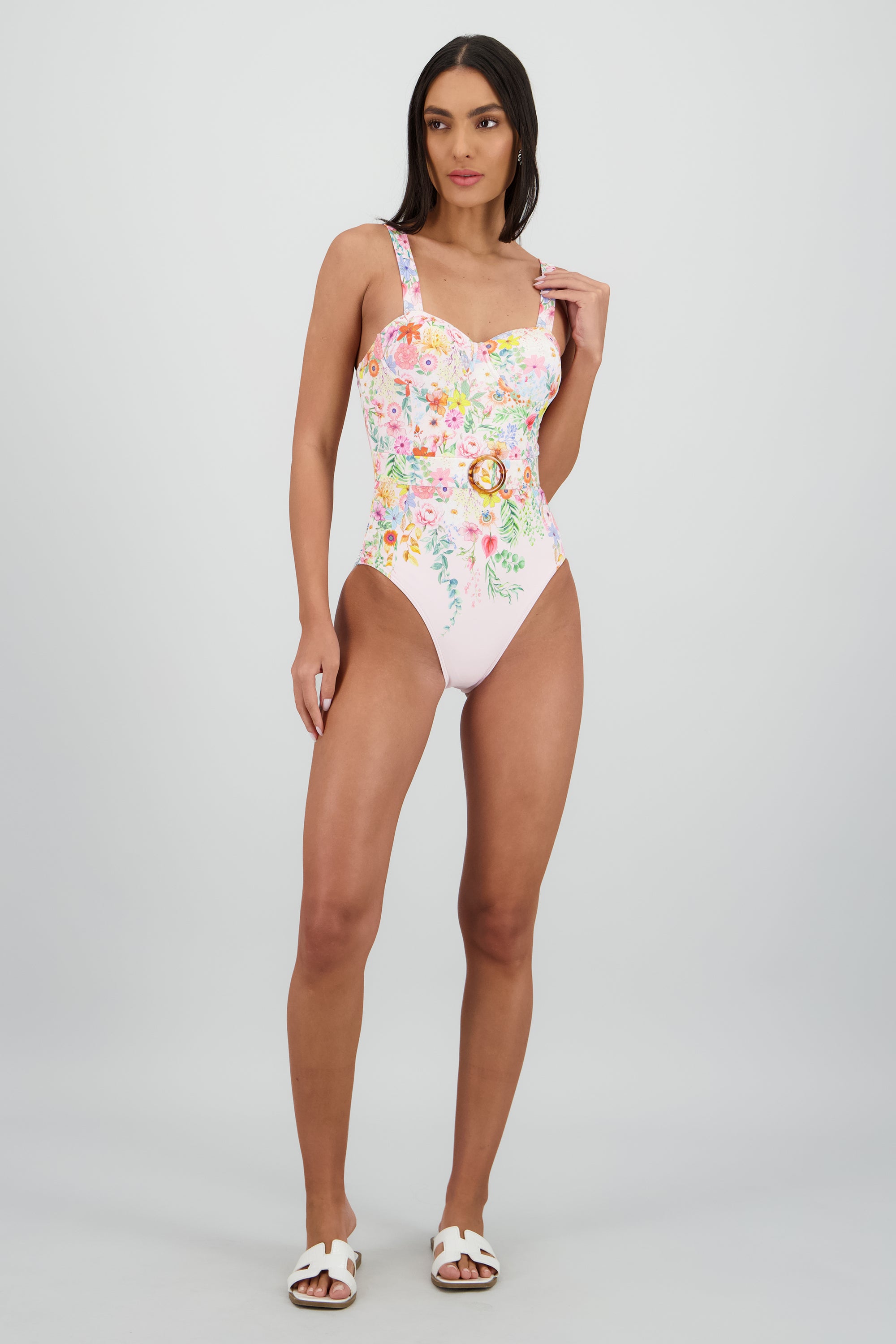 Traje de baño estampado flores cinturon LILA