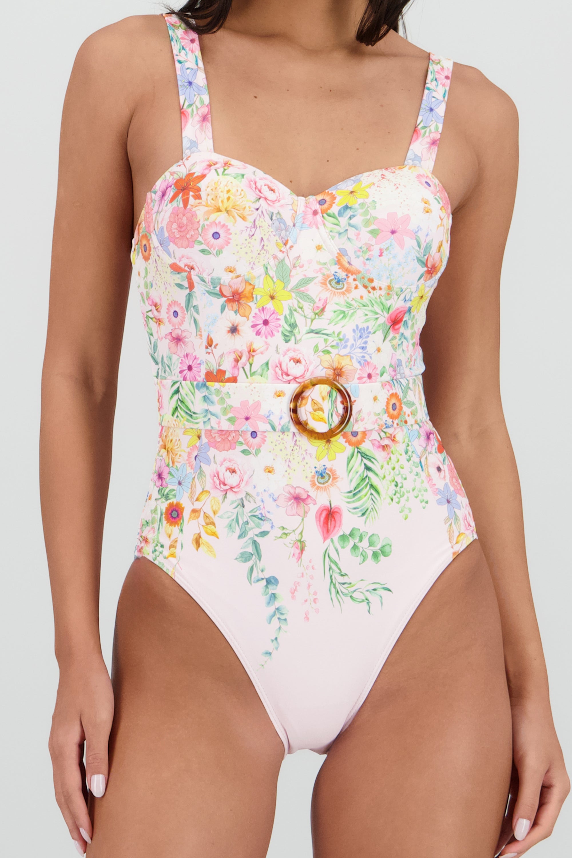 Traje de baño estampado flores cinturon LILA