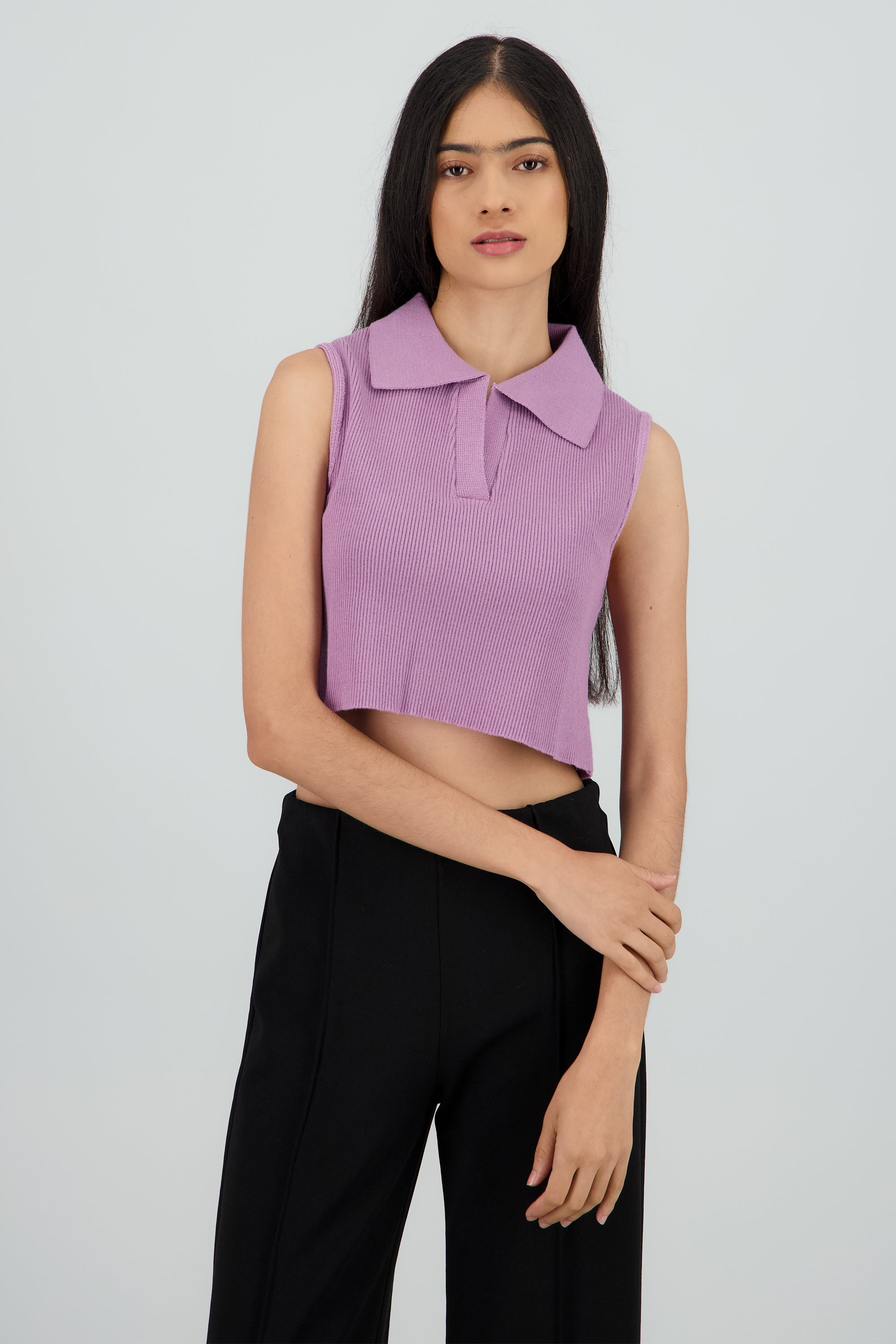 Top crop liso cuello polo LILA