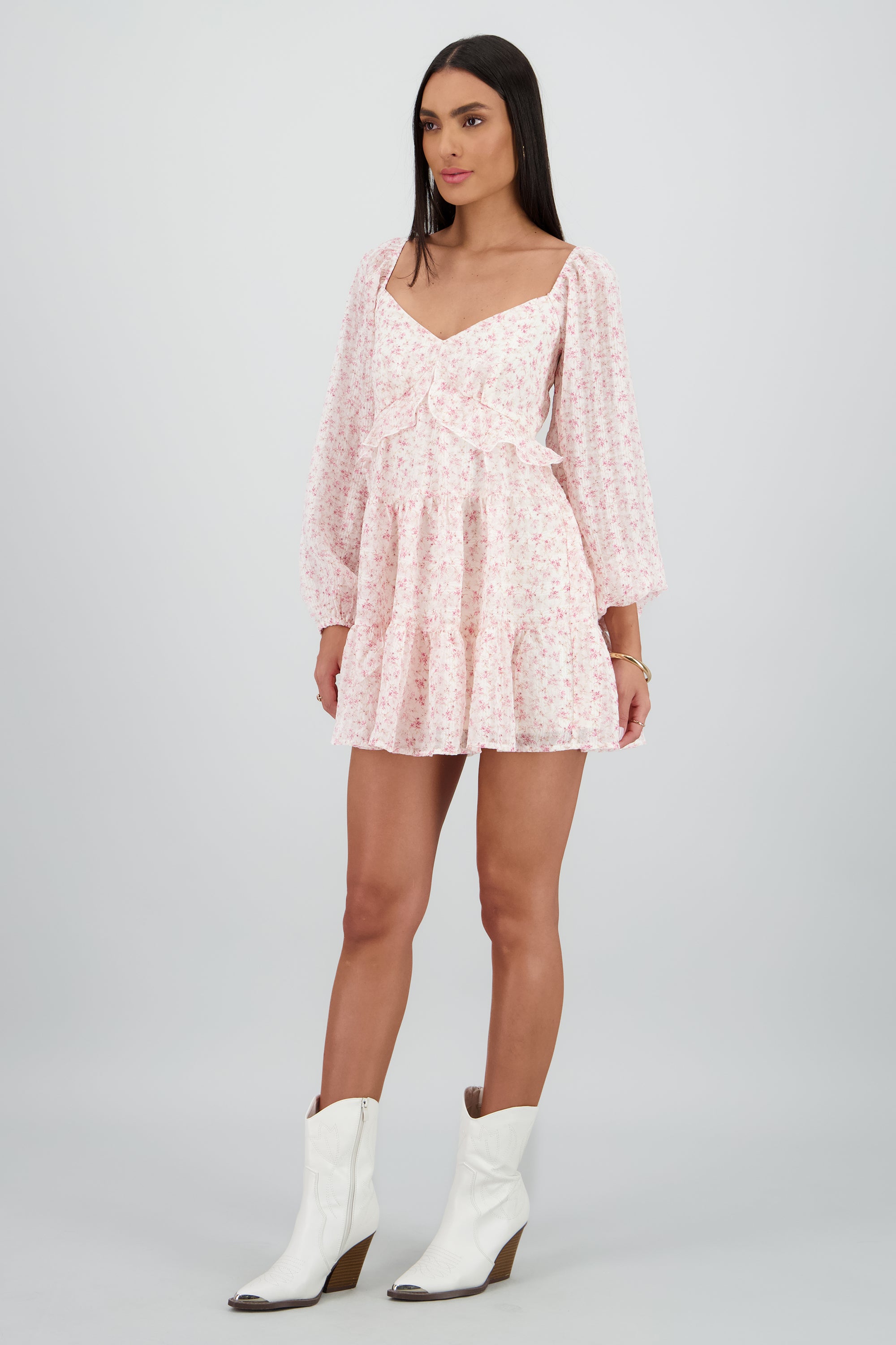 Vestido manga larga ligero olan ROSA PASTEL