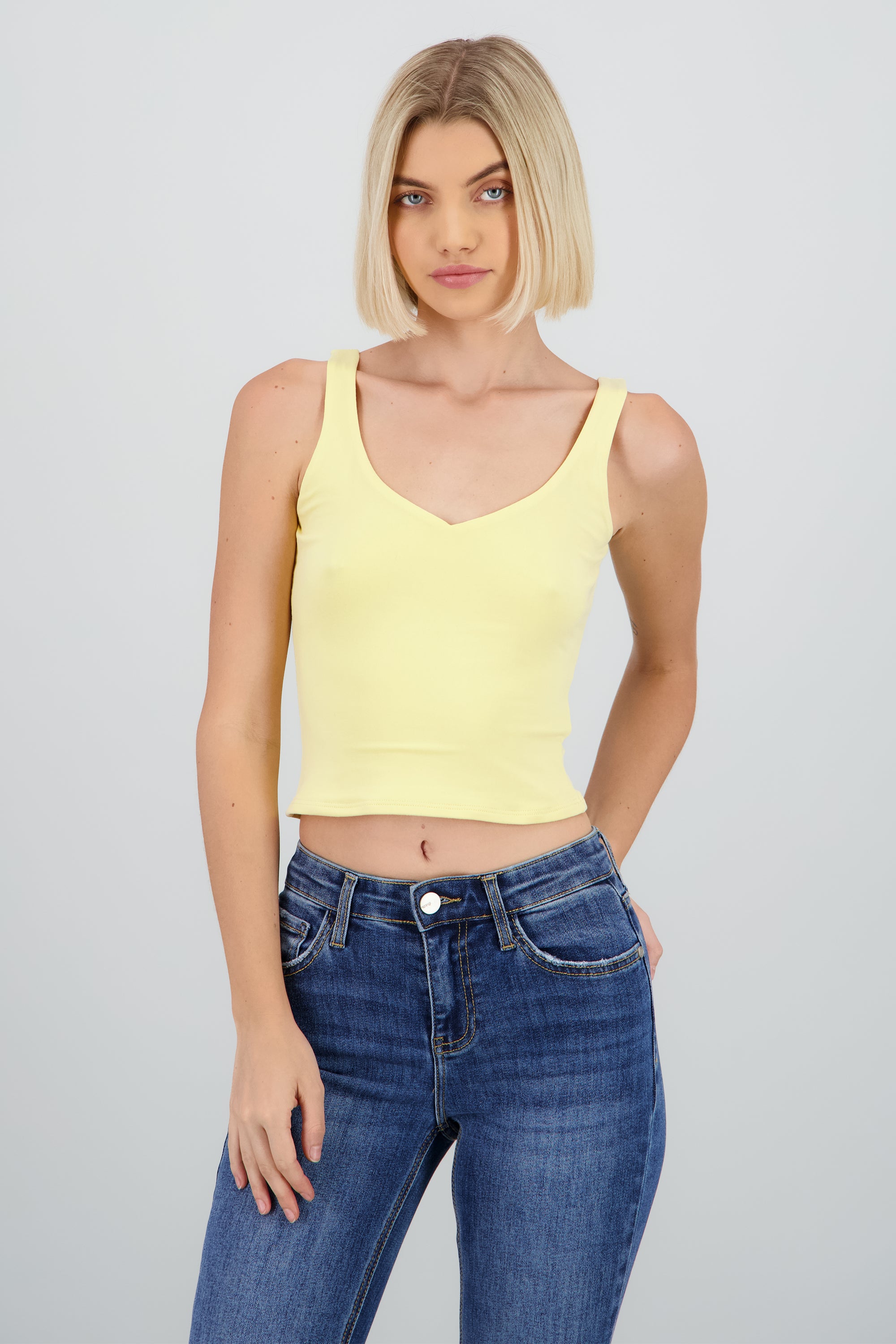 Top tirantes escote v forrado doble tela AMARILLO PASTEL