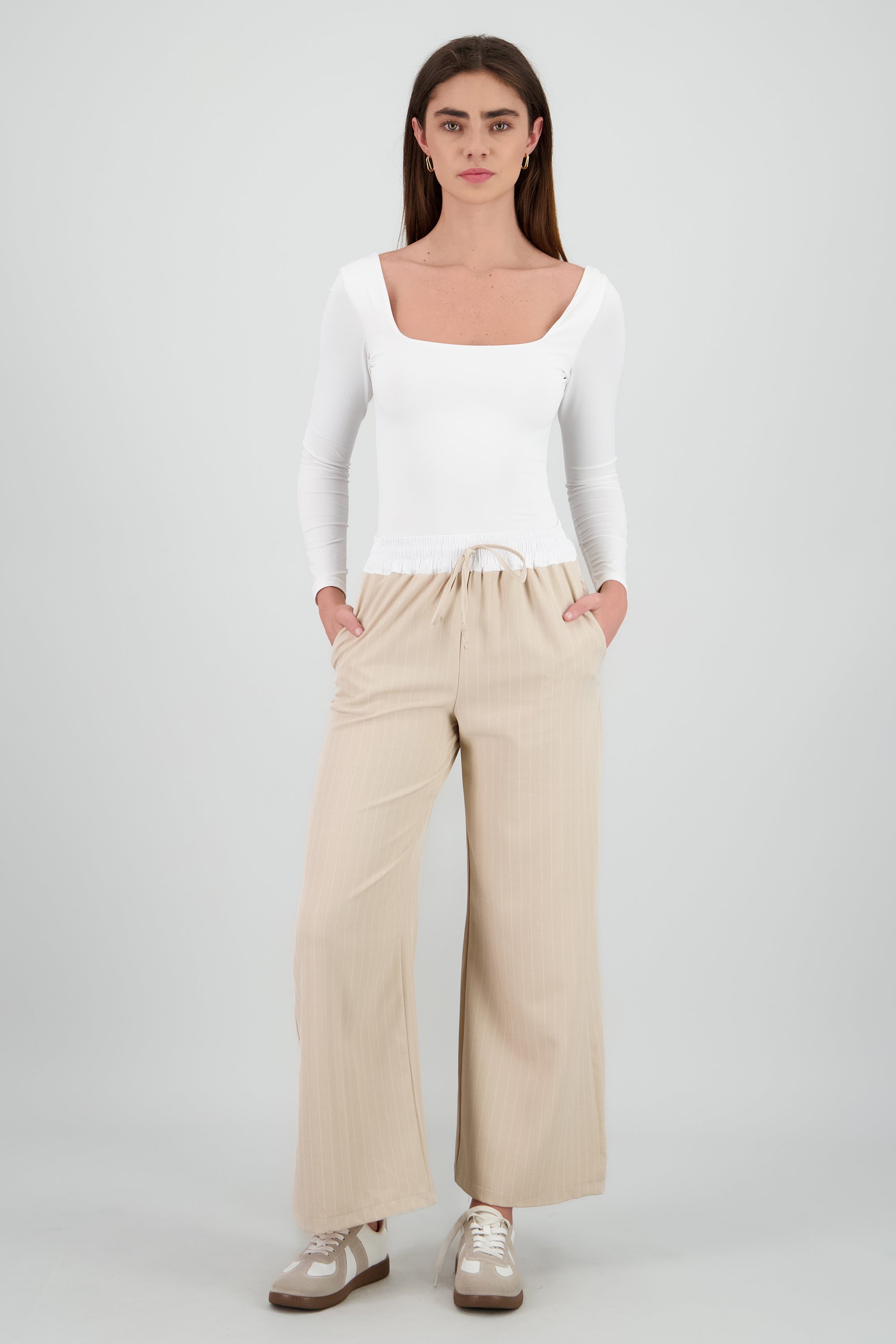 Pantalon amplio pretina en contraste BEIGE
