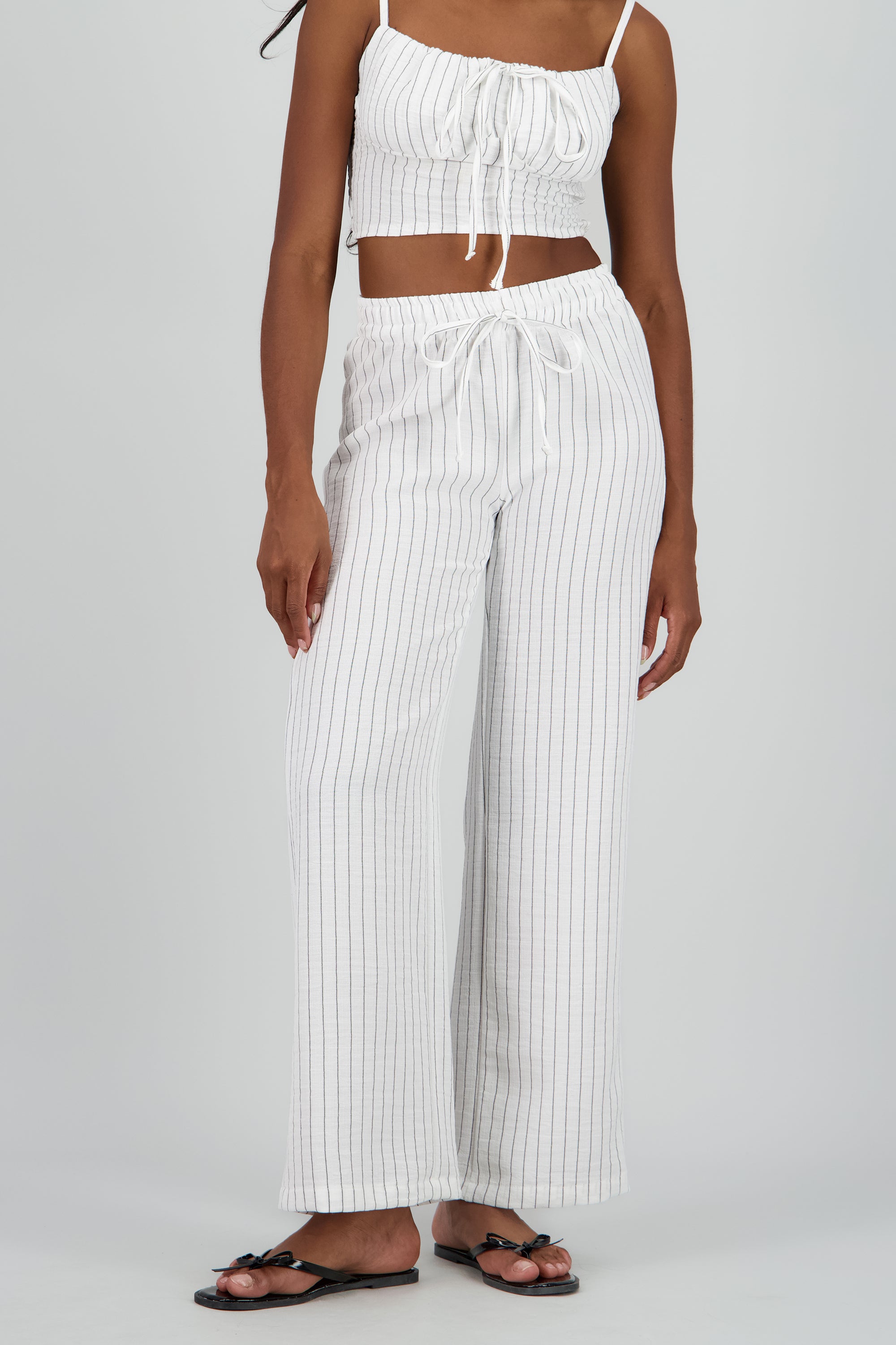 Pantalon textura jareta lineas BLANCO COMBO