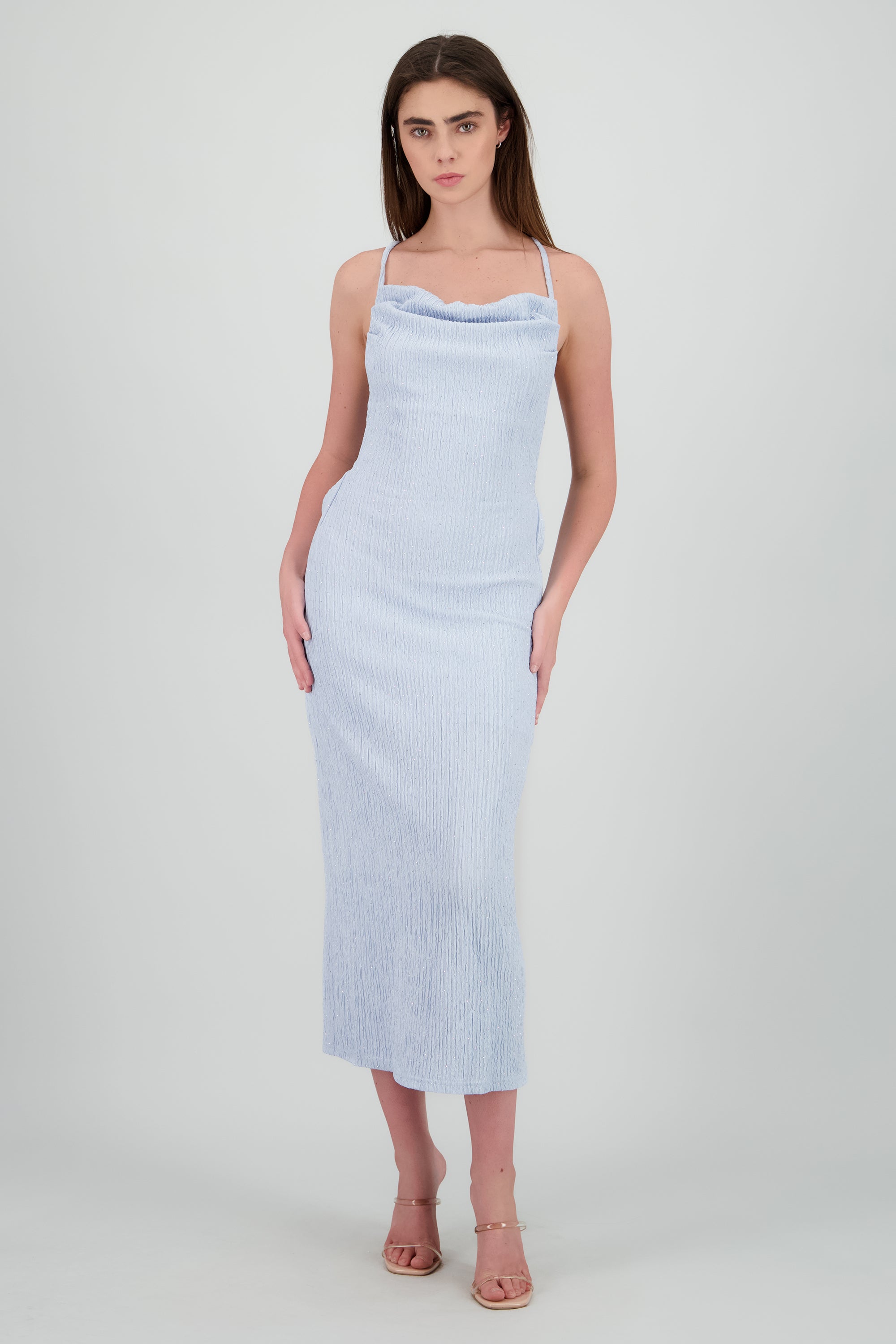 Vestido maxi textura brillos AZUL CIELO