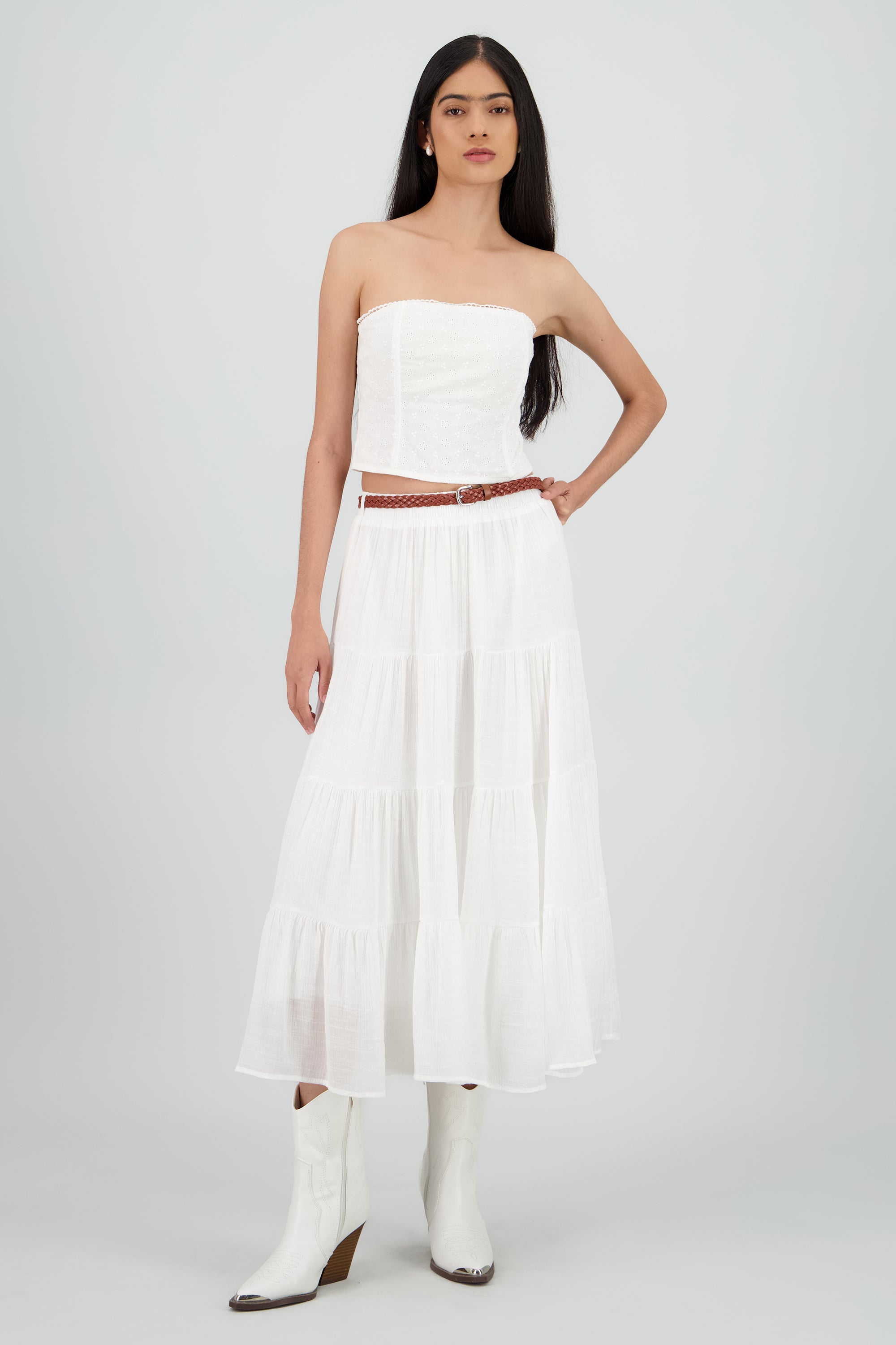 Falda midi con cinturon BLANCO