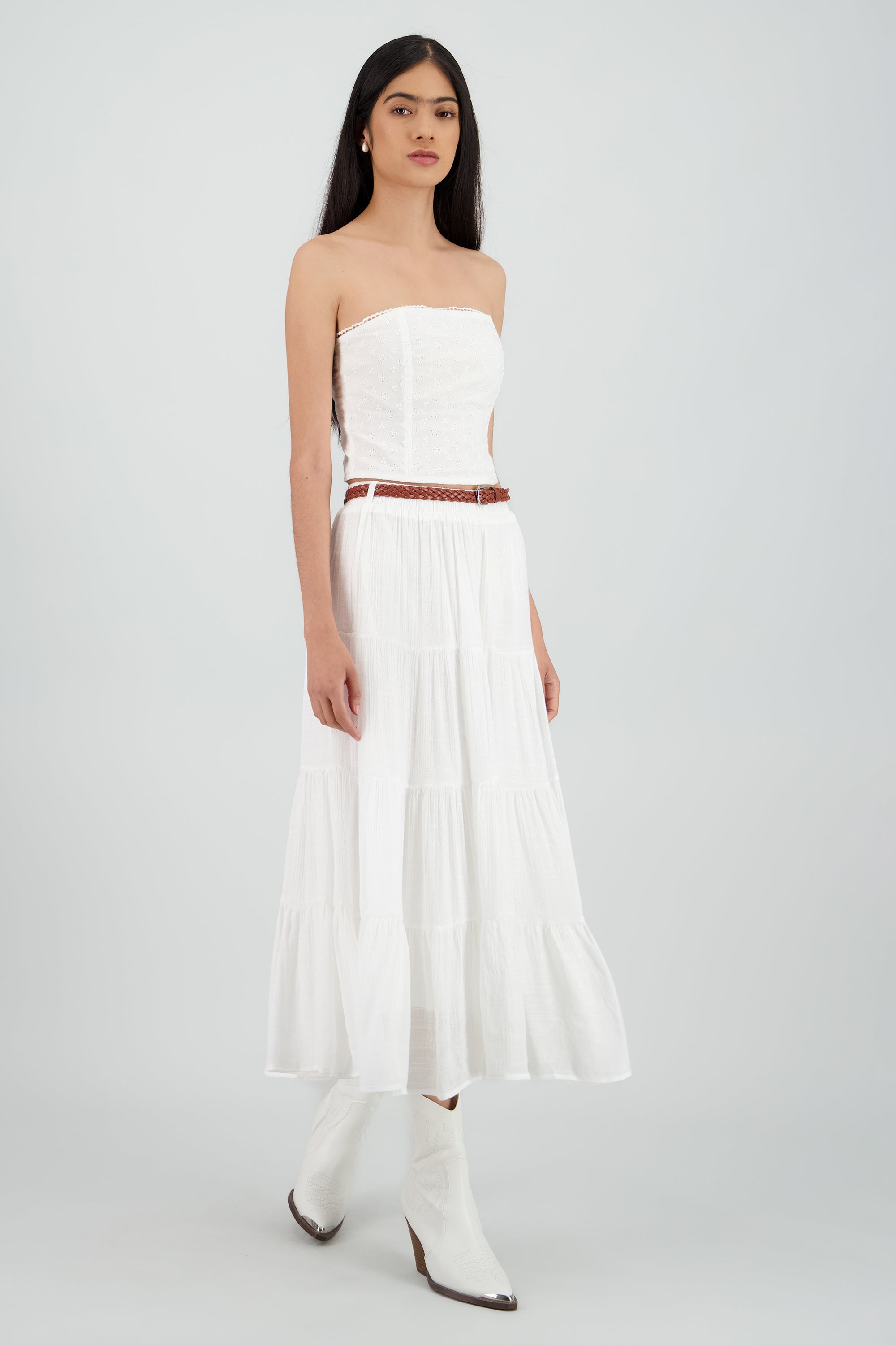 Falda midi con cinturon BLANCO