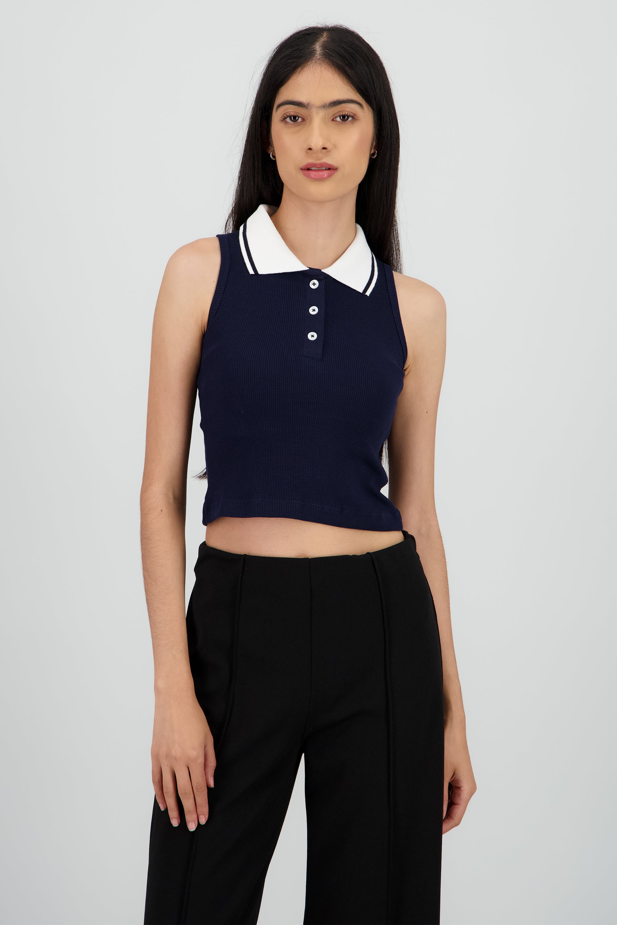 Top sin mangas cuello polo contraste MARINO